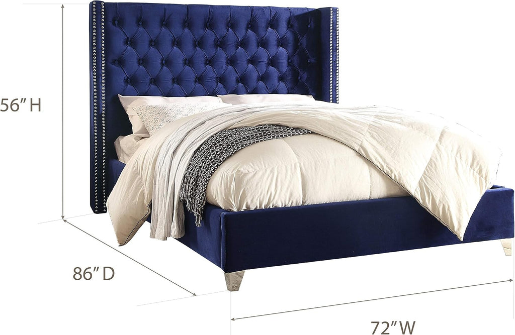 Meridian Furniture Aiden Collection Modern | Contemporary Velvet Upholstered Bed with Deep Button Tufting, Solid Wood Frame, and Custom Chrome Legs, Queen, Navy