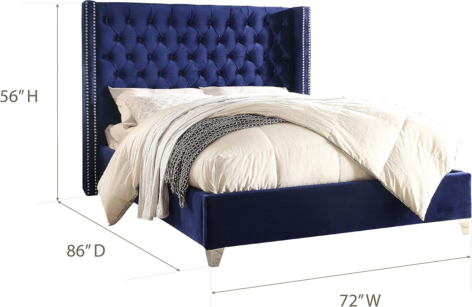 Meridian Furniture Aiden Collection Modern | Contemporary Velvet Upholstered Bed with Deep Button Tufting, Solid Wood Frame, and Custom Chrome Legs, Queen, Navy