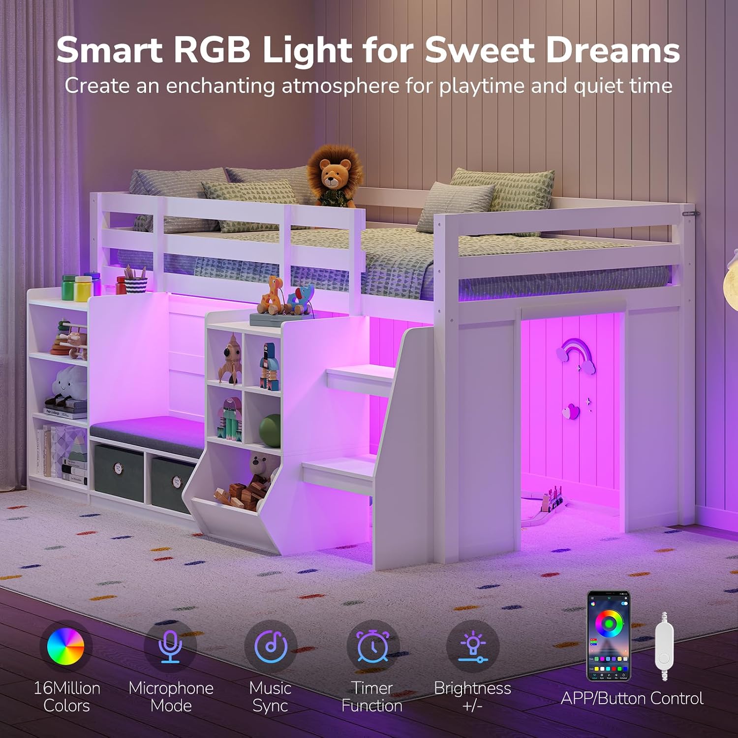 Low Loft Bed Twin Size with LED Lights, Wooden Kids Twin Loft Bed with Storage Bookcase, Toy Box, Reading Nook and Secret Play Space, Modern loft Bed with Stairs and Safety Guardrails for Boys Girls