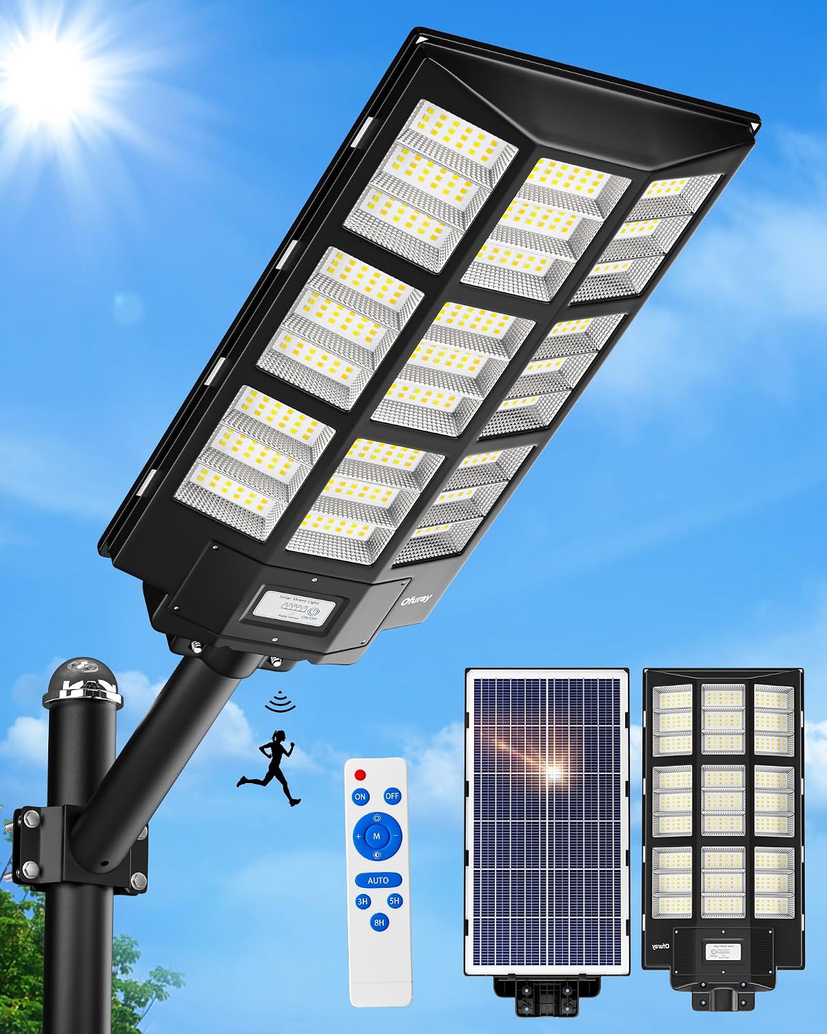 Ofuray Solar Street Lights Outdoor,Solar Security Flood Lights Parking Lot Lights Commercial Dusk to Dawn, 6500k Waterproof Led with Remote Control Motion for Street,Court,Barn (Of-7200W 600000Lm)