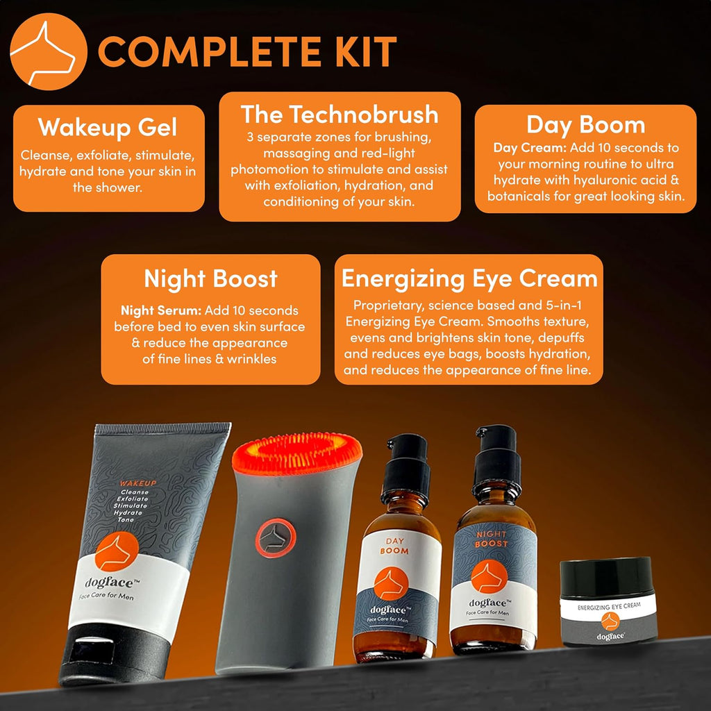Dogface Men's Skincare Set - Technobrush, Electric Facial Brush, Wakeup Gel Face Wash to Hydrate Skin, Day Boom, Night Boost Retinol Serum, Eye Cream - Free Shower Caddy