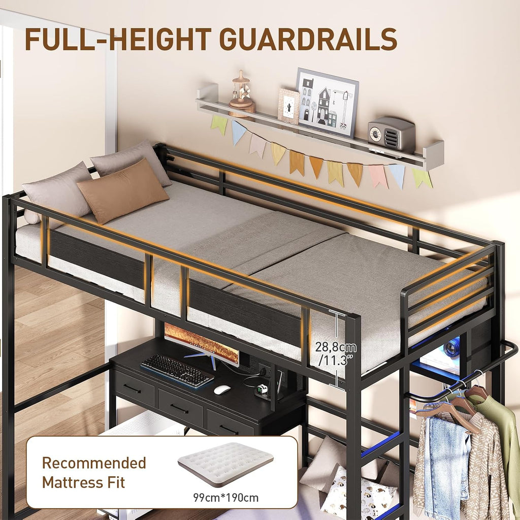 RALGEND Twin Over Twin Bunk Bed with Desk with 3 Drawers & Storage Shelves, Twin Bunk Bed with Charging Station & LED Lights, Bunk Bed with Guardrail & Ladder for Kids, Teens, Small Spaces, Black