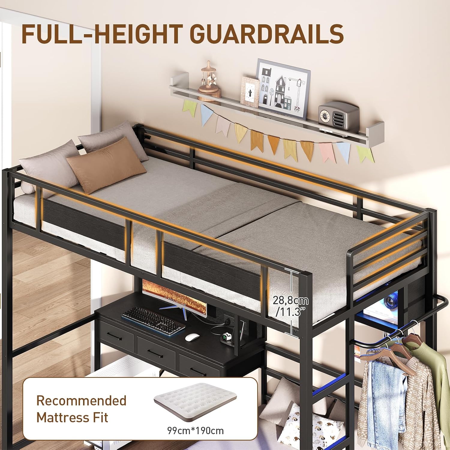 RALGEND Twin Over Twin Bunk Bed with Desk with 3 Drawers & Storage Shelves, Twin Bunk Bed with Charging Station & LED Lights, Bunk Bed with Guardrail & Ladder for Kids, Teens, Small Spaces, Black