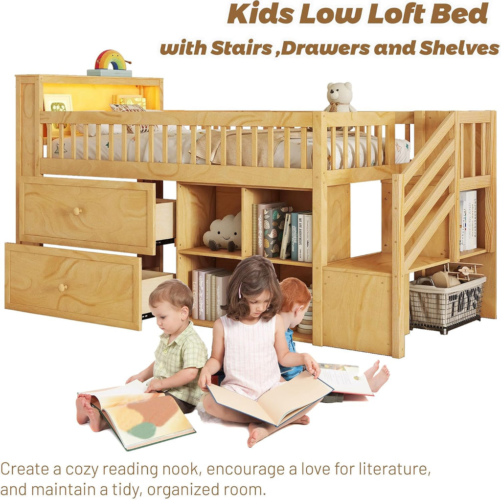 Low Loft Bed with LED Lights and Bookshelf, Wooden Kids Loft Bed with Stairs and Safety Guardrail, Low Loft Bed Twin with 2 Storage Drawers and Shelves for Girls Boys ,No Box Spring Needed, Natural