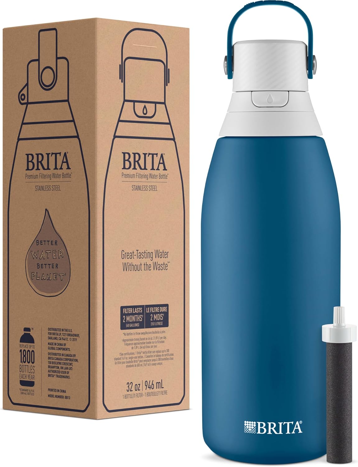 Brita Stainless Steel Premium Filtering Water Bottle, BPA-Free, Insulated, Replaces 300 Plastic Water Bottles, Filter Lasts 2 Months or 40 Gallons, Includes 1 Filter, Marina - 32 oz (Pack of 12)