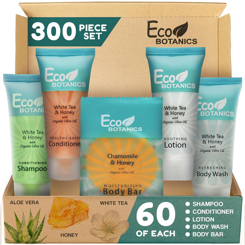 Travel Size Hotel Toiletry Set 300 Count 0.85 oz Bottles Guest Amenities for Vacation Rentals and Short Term Rentals Paraben Free White Tea Scent Infused with Aloe and Olive Oil by Eco Botanics