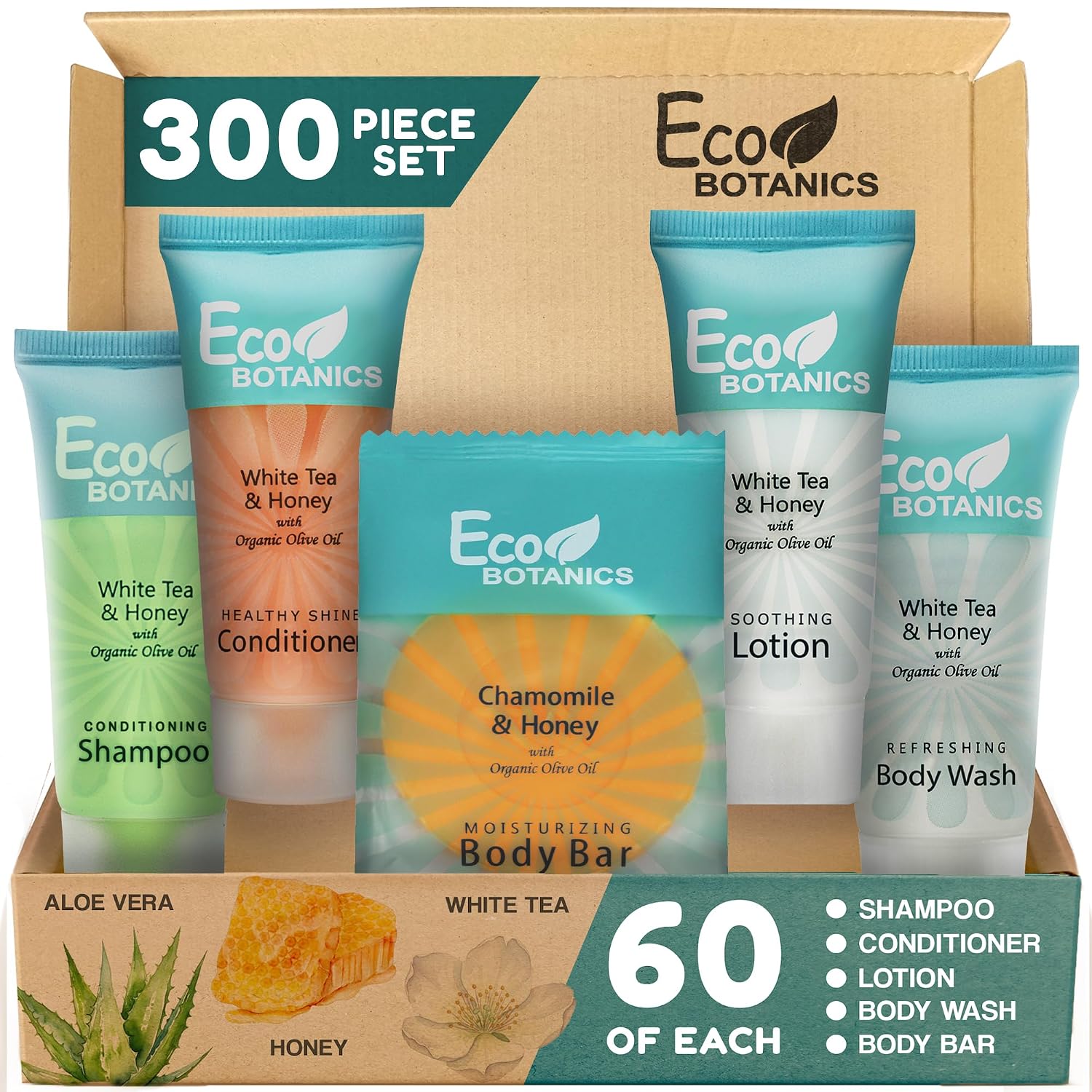 Travel Size Hotel Toiletry Set 300 Count 0.85 oz Bottles Guest Amenities for Vacation Rentals and Short Term Rentals Paraben Free White Tea Scent Infused with Aloe and Olive Oil by Eco Botanics