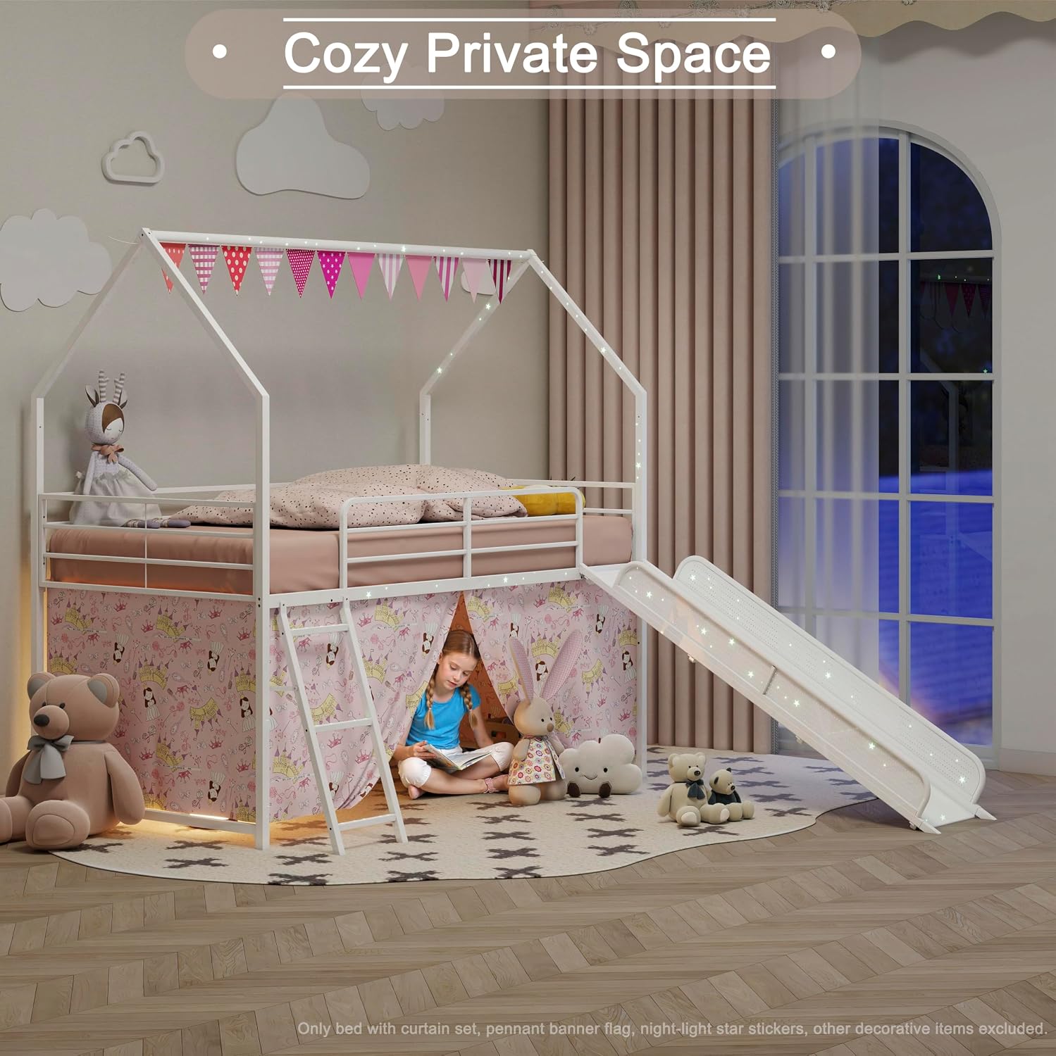 Twin Size House Loft Bed with Slide and Curtain Set, Metal Loft Bed with Ladder and Rails for Bedroom Guest Room, Noise Reduced, White and Pink