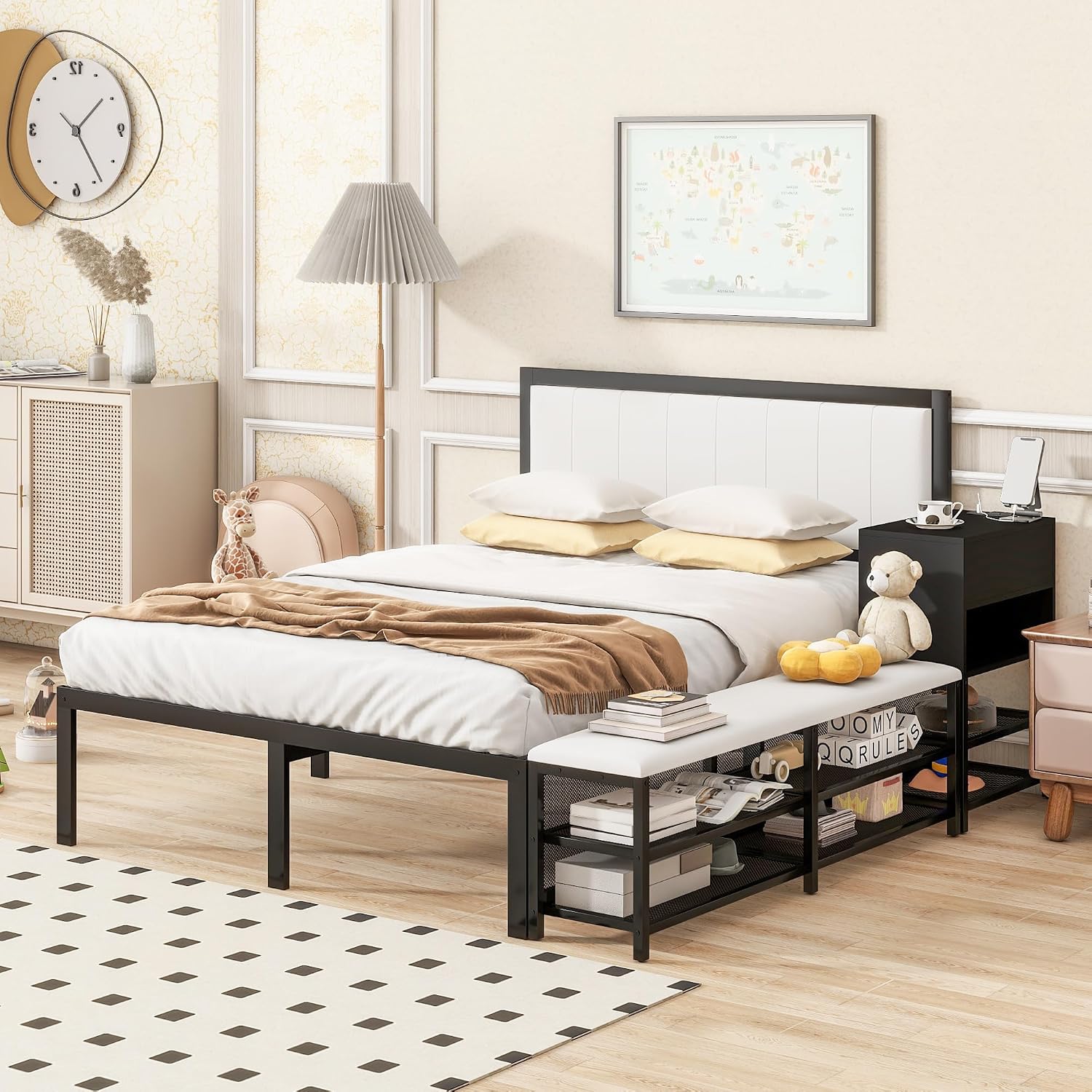 JIVOIT Full Size Bed Frame, Metal Platform Bed with Two-Tier Storage Shelves, Wooden Storage Cabinet, Upholstered Headboard, Cushioned Footrest at Bed's End, No Box Spring Needed (Black/Full,223)