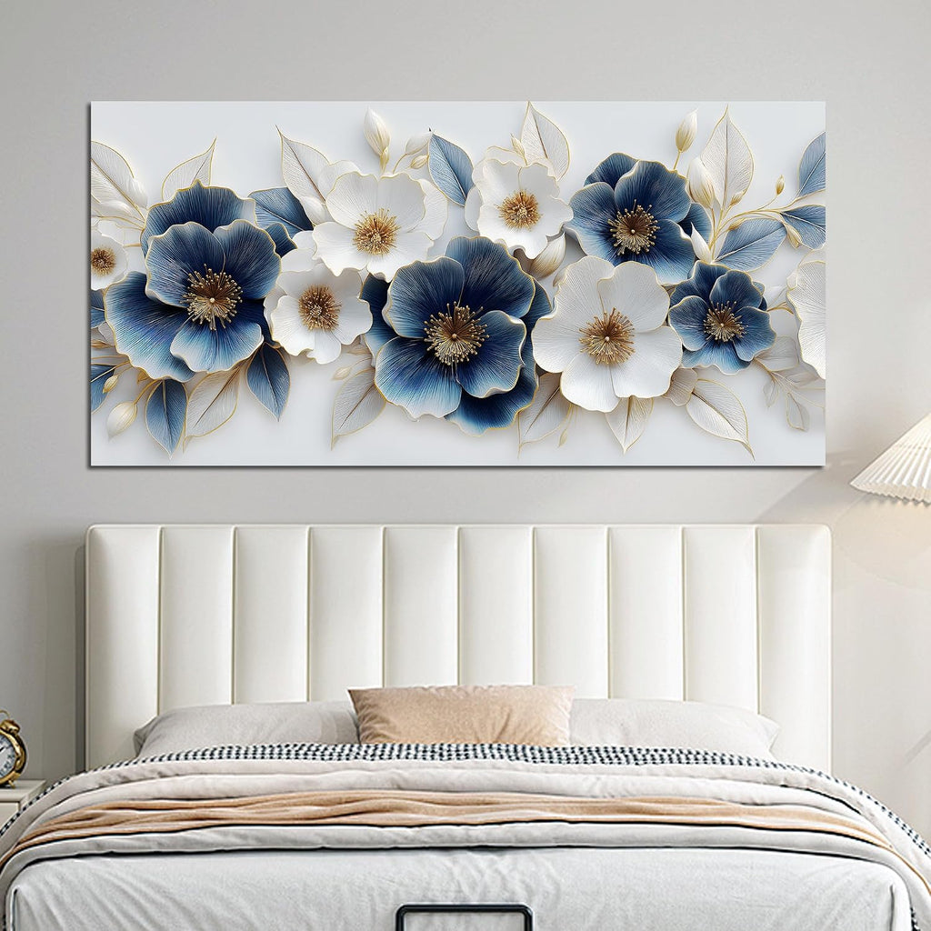Large Canvas Wall Art for Living Room Blue and White Floral Print Painting wall Decor for Bedroom Office Modern Home Botanical Framed Wall Decorations Artwork Size 30x60 Ready to Hang