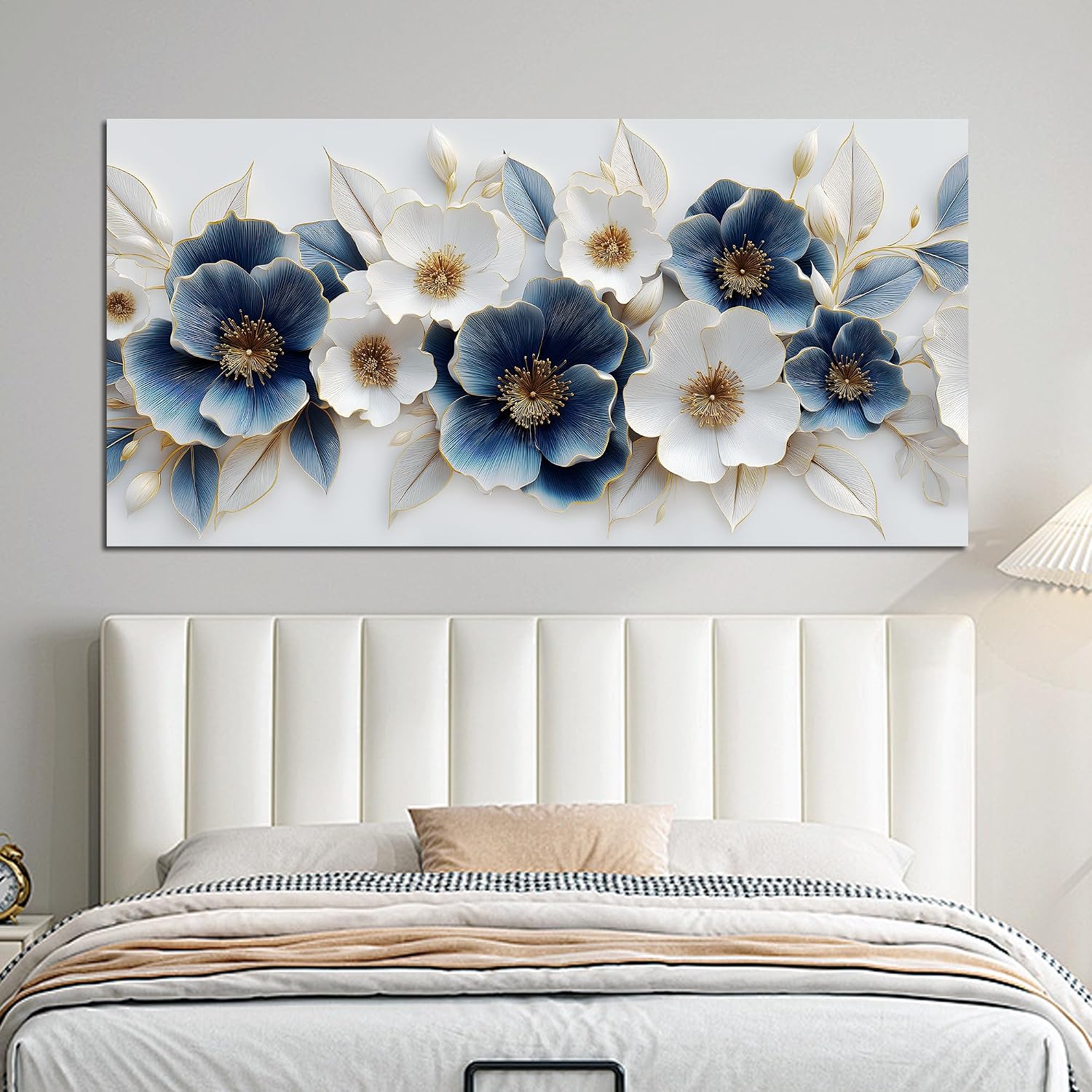 Large Canvas Wall Art for Living Room Blue and White Floral Print Painting wall Decor for Bedroom Office Modern Home Botanical Framed Wall Decorations Artwork Size 30x60 Ready to Hang