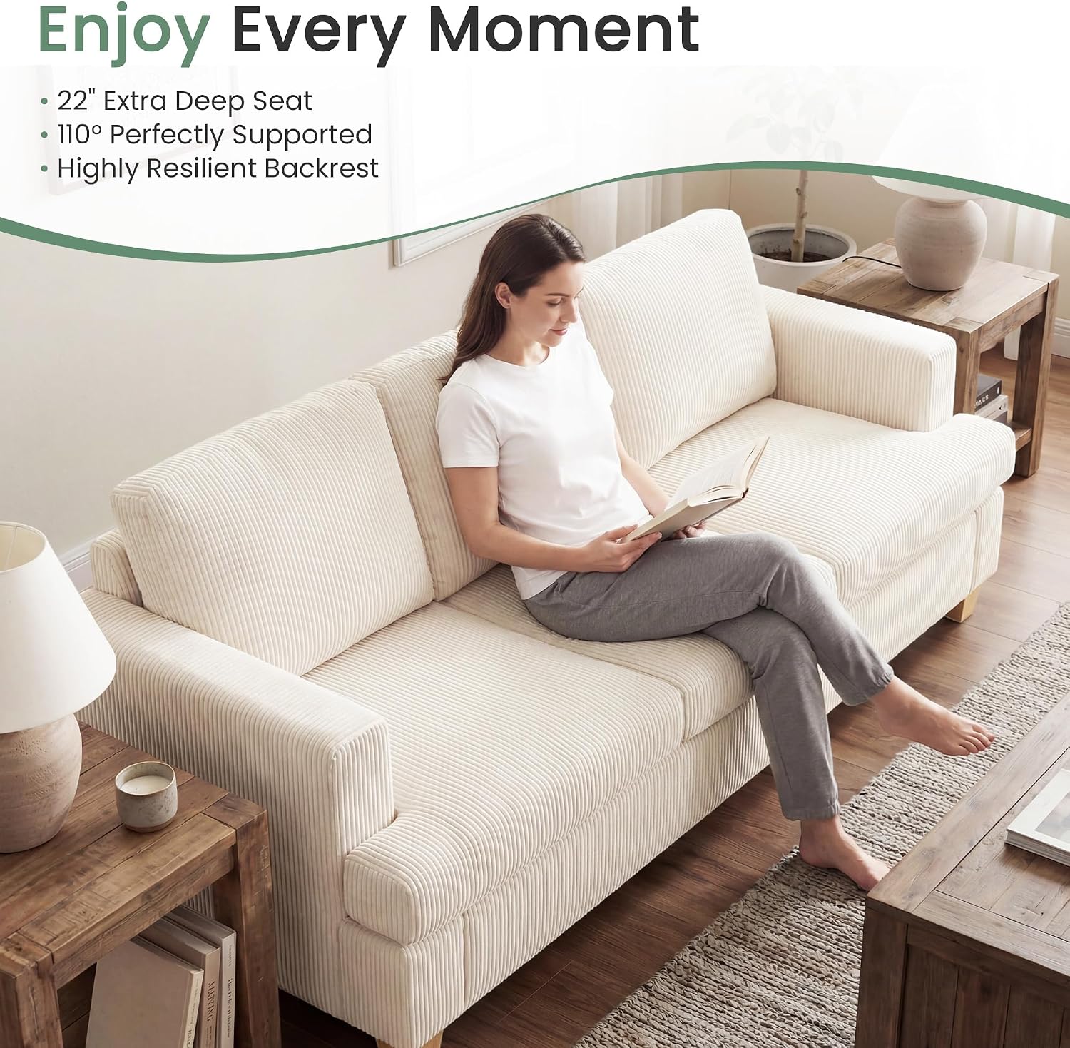 Fiona's magic 3 Pieces Corduroy Couch Set for Living Room, 7 Seats Cloud Sofa, Deep Seat Floor Couch for Bedroom, Futon Modern Sofa Bed, White Corduroy