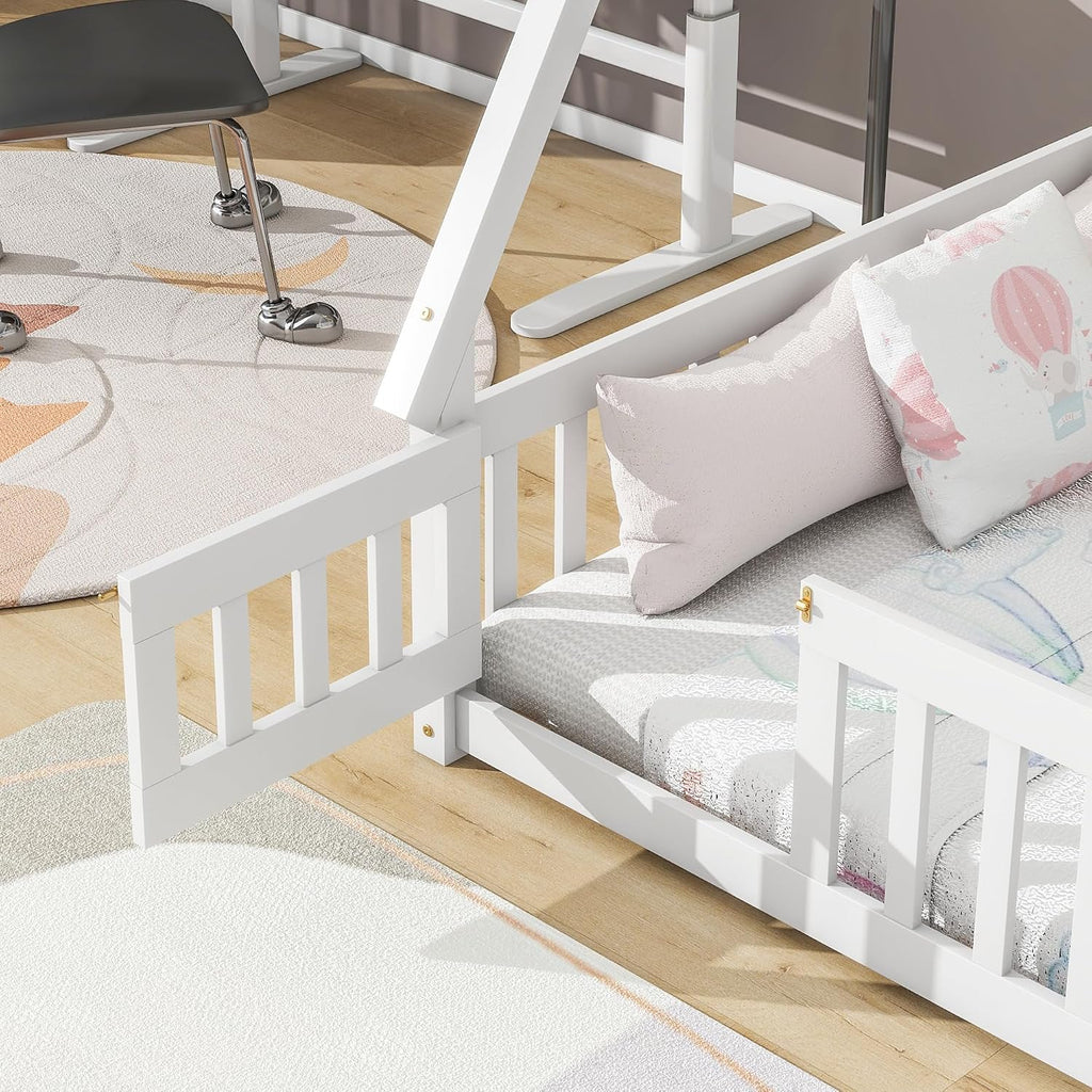 JIVOIT Full Size Tent-Shaped Floor Bed with Door, House Platform Bed Tent Bed Frame with Fence-Shaped Guardrails and Wood Slats Support, Wood Floor Play House Bed for Kids Boys Girls Teens (White,2)