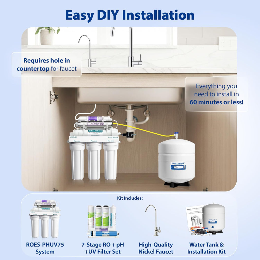 APEC Water ROES-PHUV75, 7-Stage Alkaline Under Sink Reverse Osmosis Water Filter System, UV Filter, NSF Certified 372, 75 GPD, Reduces 99% of Impurities