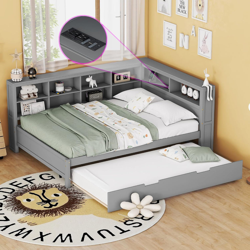 Modern Full Size Daybed with Trundle, Solid Wood Captain Platform Bed with Storage Cabinets and USB Ports, Low Floor Bed for Kids Teens Adult Bedroom, Easy Assembly (Gray-FF025)