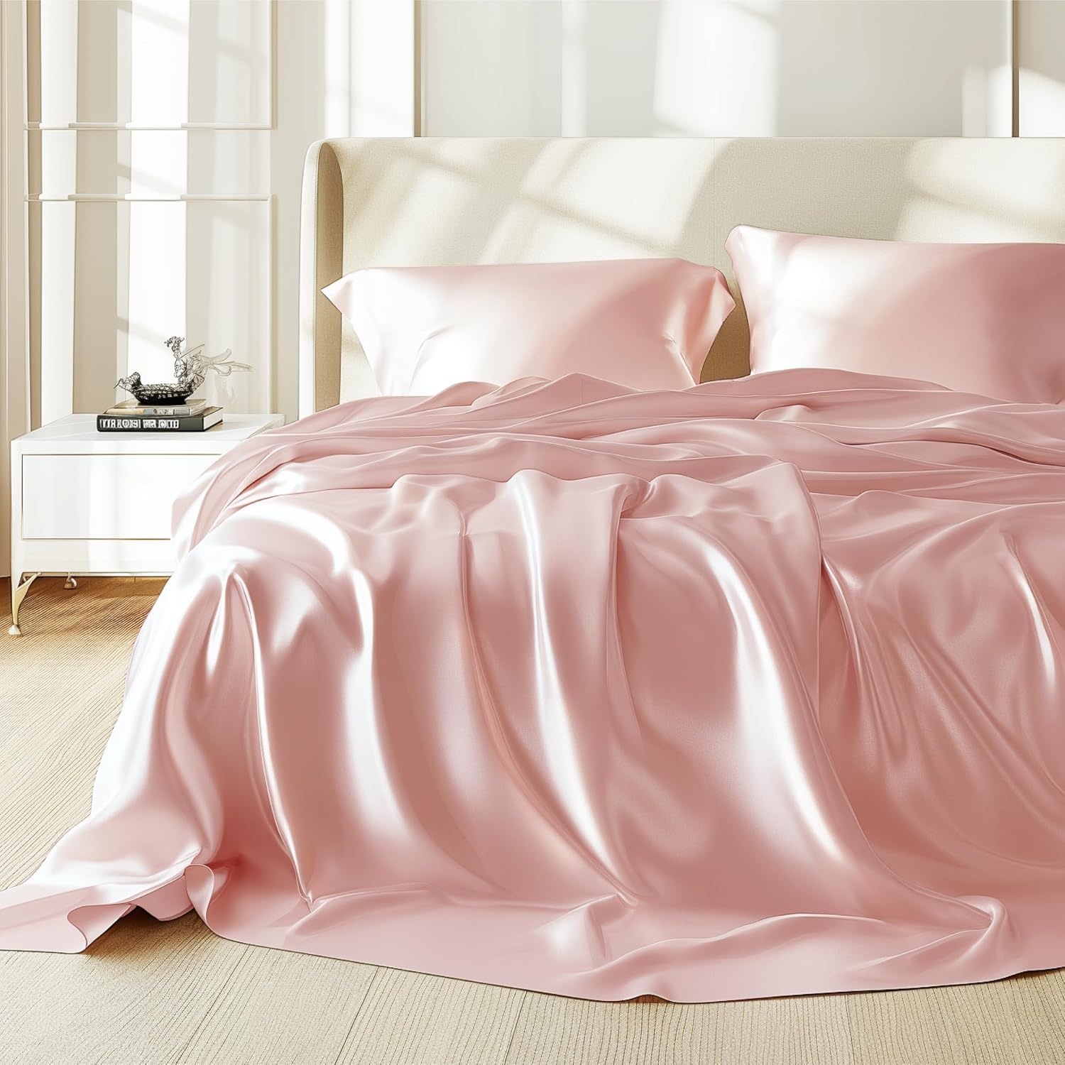 Twin XL Size 4-Piece Sheet Set Premium Mulberry Silk Bed Sheets Set Fits 14-16' Deep Pocket - Luxurious Soft Silk (Solid, Light Pink)