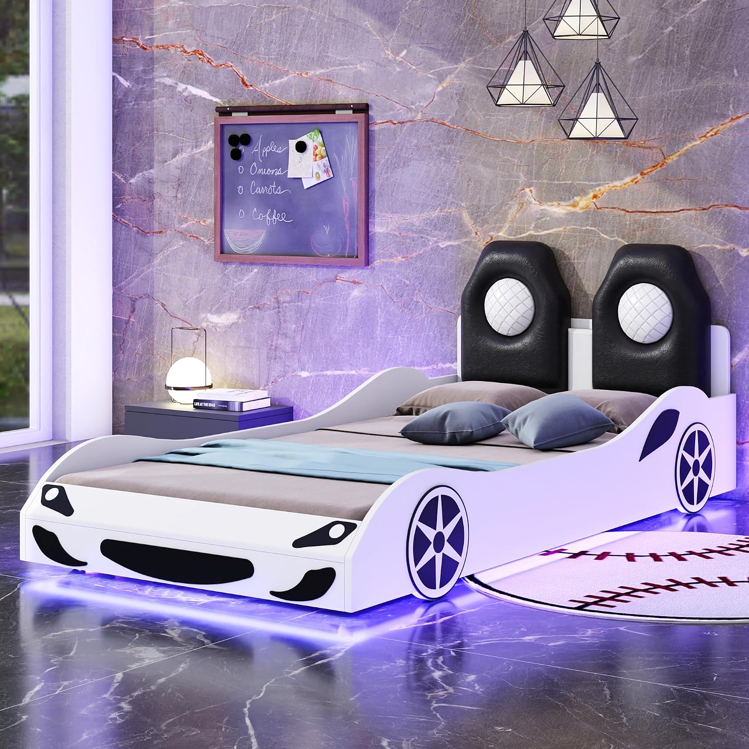 Race Car-Shaped Platform Bed with LED and Upholstered Backrest,Wood Bed Frame with Slat for Bedroom,No Box Spring Needed (White, Twin)
