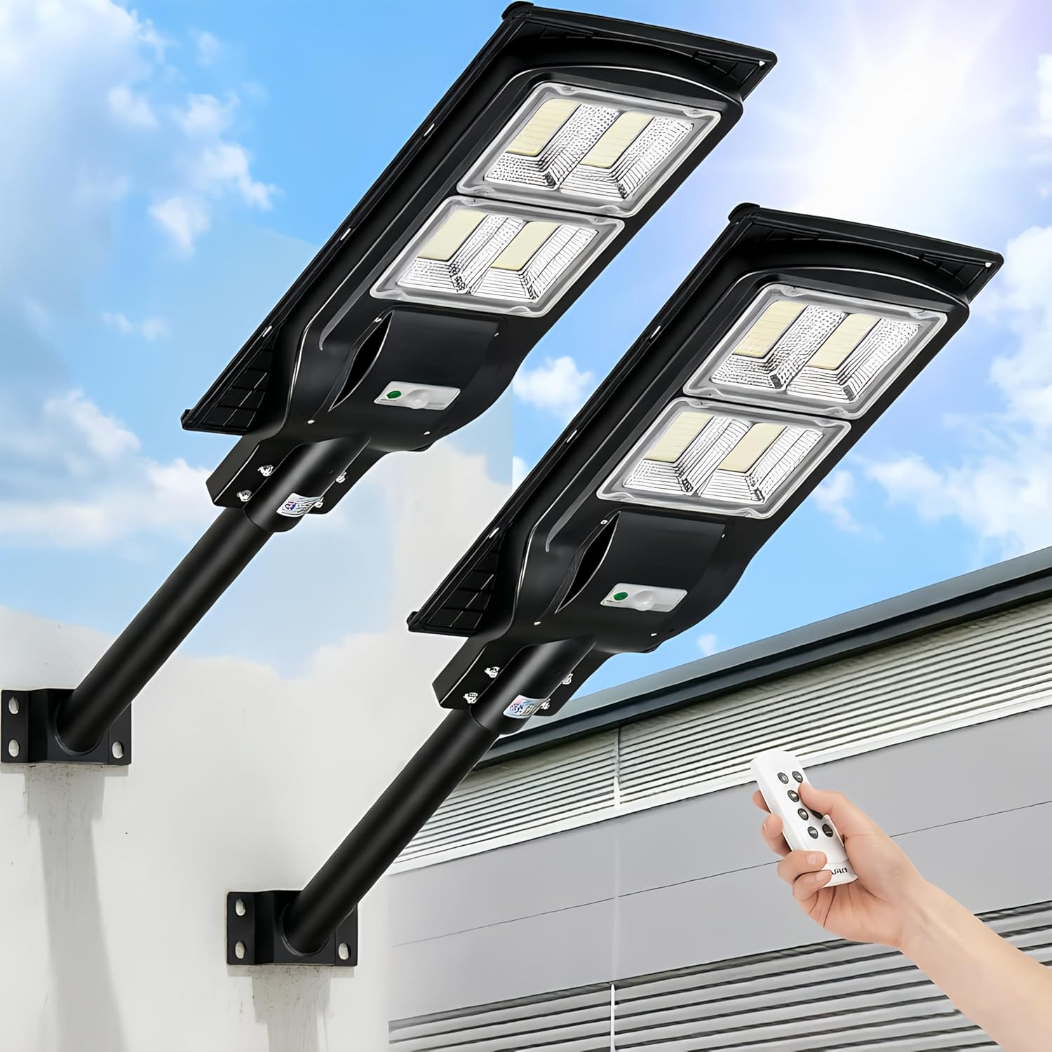 LANGY 2 Pack Solar Street Light 180000Lumens,240 LED Street Lamp with Light Control&PIR Motion Sensor, Dusk to Dawn LED Security Light Solar Flood Light for Square,Yard,Basketball Court