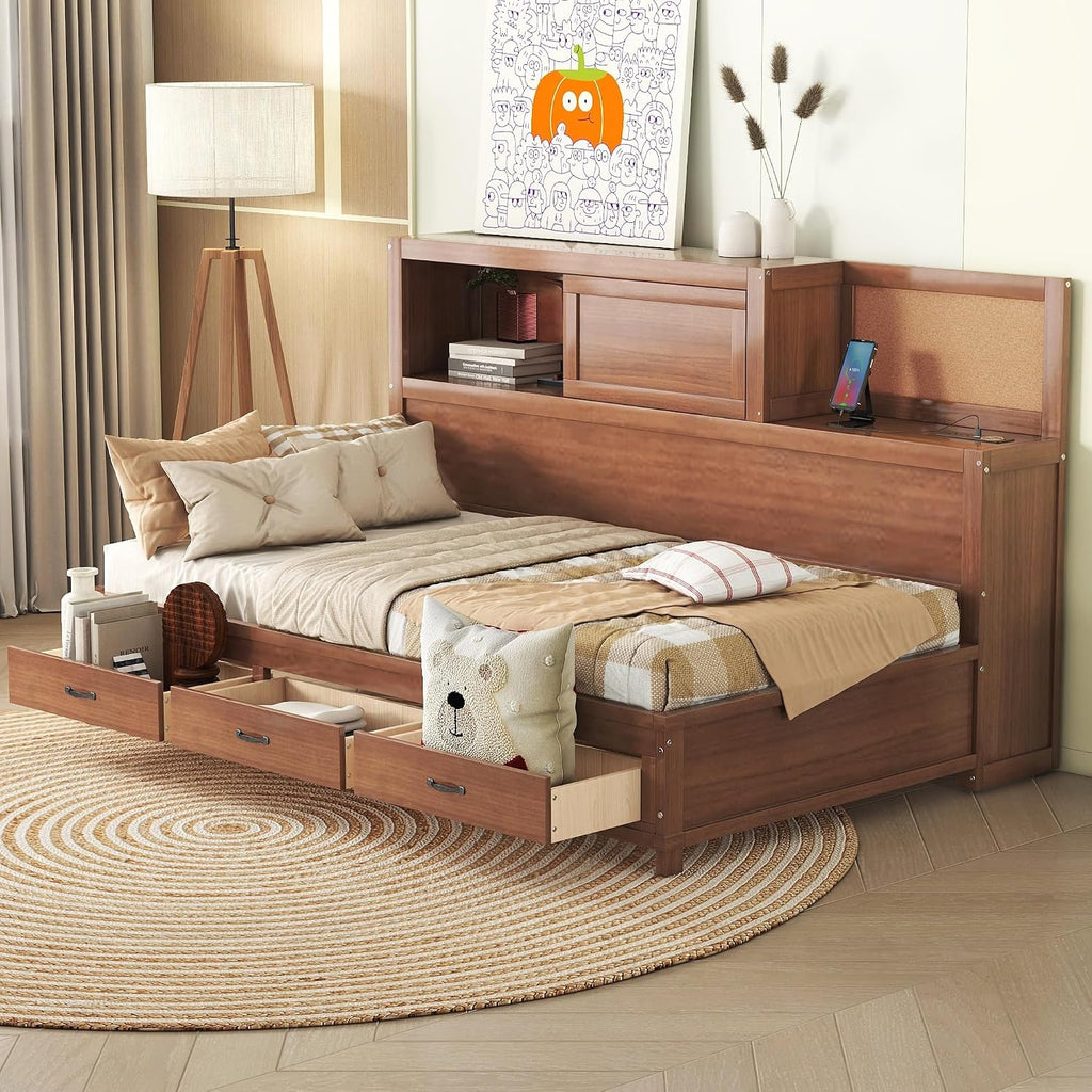Twin Size Wooden Daybed with 3 Storage Drawers and Shelf, Multi-Functional Sofa Bed Frame with Upper Soft Board, USB Ports and A Set of Sockets for Kids Teens Adults (Brown-OP43)