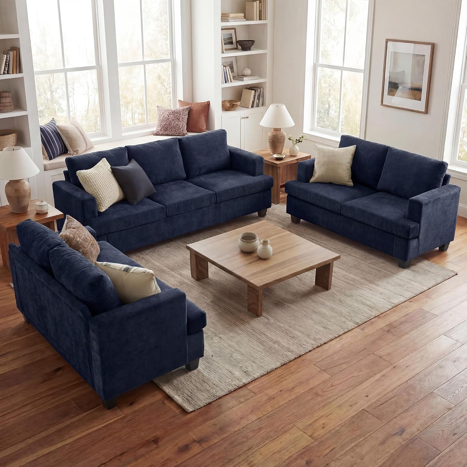 Fiona's magic 7 Seats Couch Set, 3 Piece Set Comfy Couch, 2 Loveseat & 3 Seater Sofa with Deep Seats for Living Room, Modern Sleeper Sofa, Navy Chenille