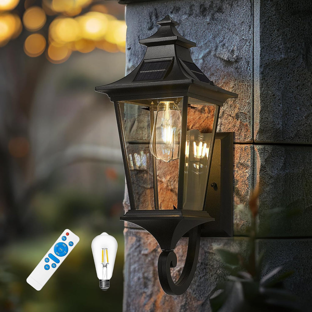 Emliviar Solar Exterior Front Porch Light with Remote Control, 3 Lighting Modes Waterproof Solar Wall Lantern, Auto On/Off Black Outside Light with Clear Glass, 500181-SL BK