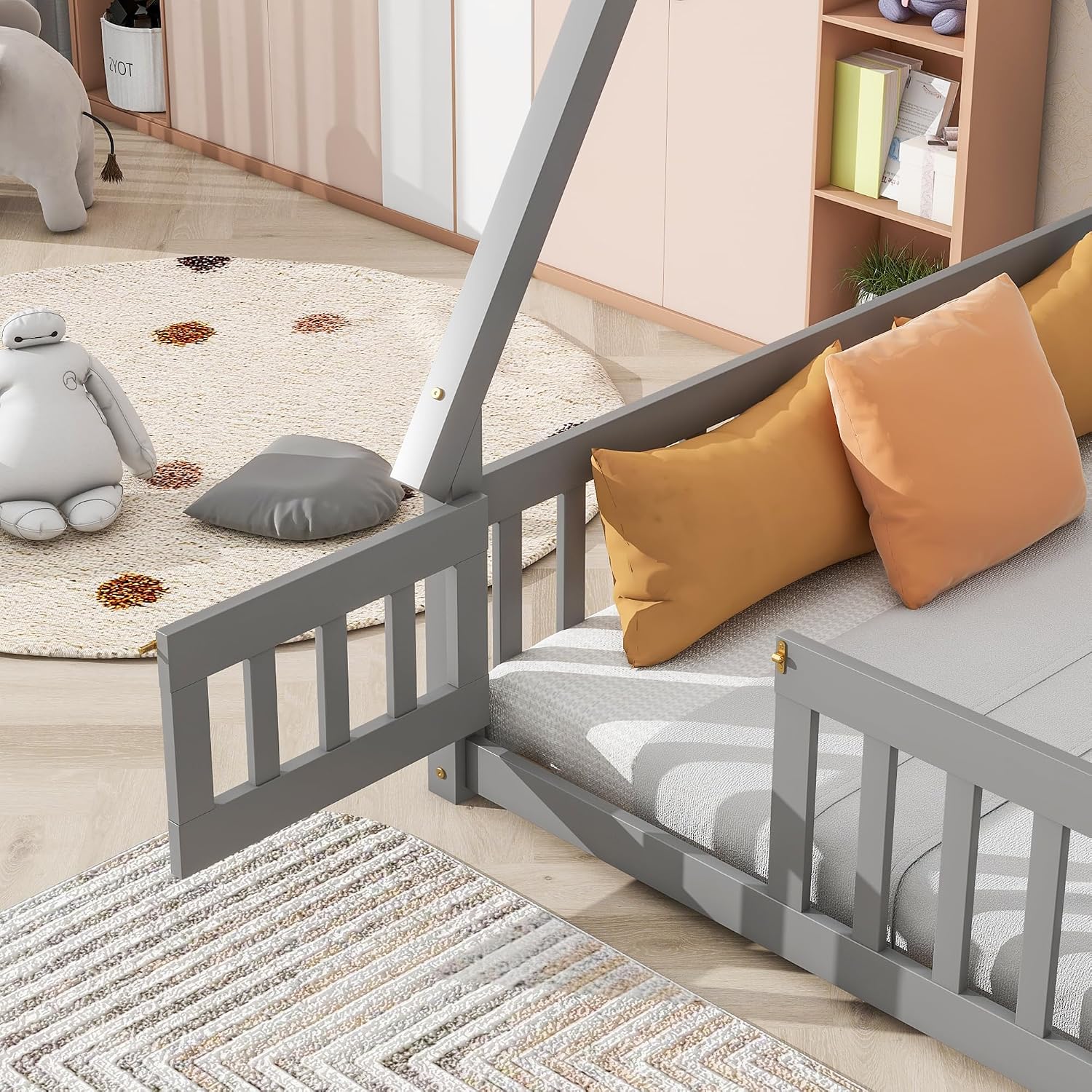 JIVOIT Full Size Tent-Shaped Floor Bed with Door, House Platform Bed Tent Bed Frame with Fence-Shaped Guardrails and Wood Slats Support, Wood Floor Play House Bed for Kids Boys Girls Teens (Gray,2)