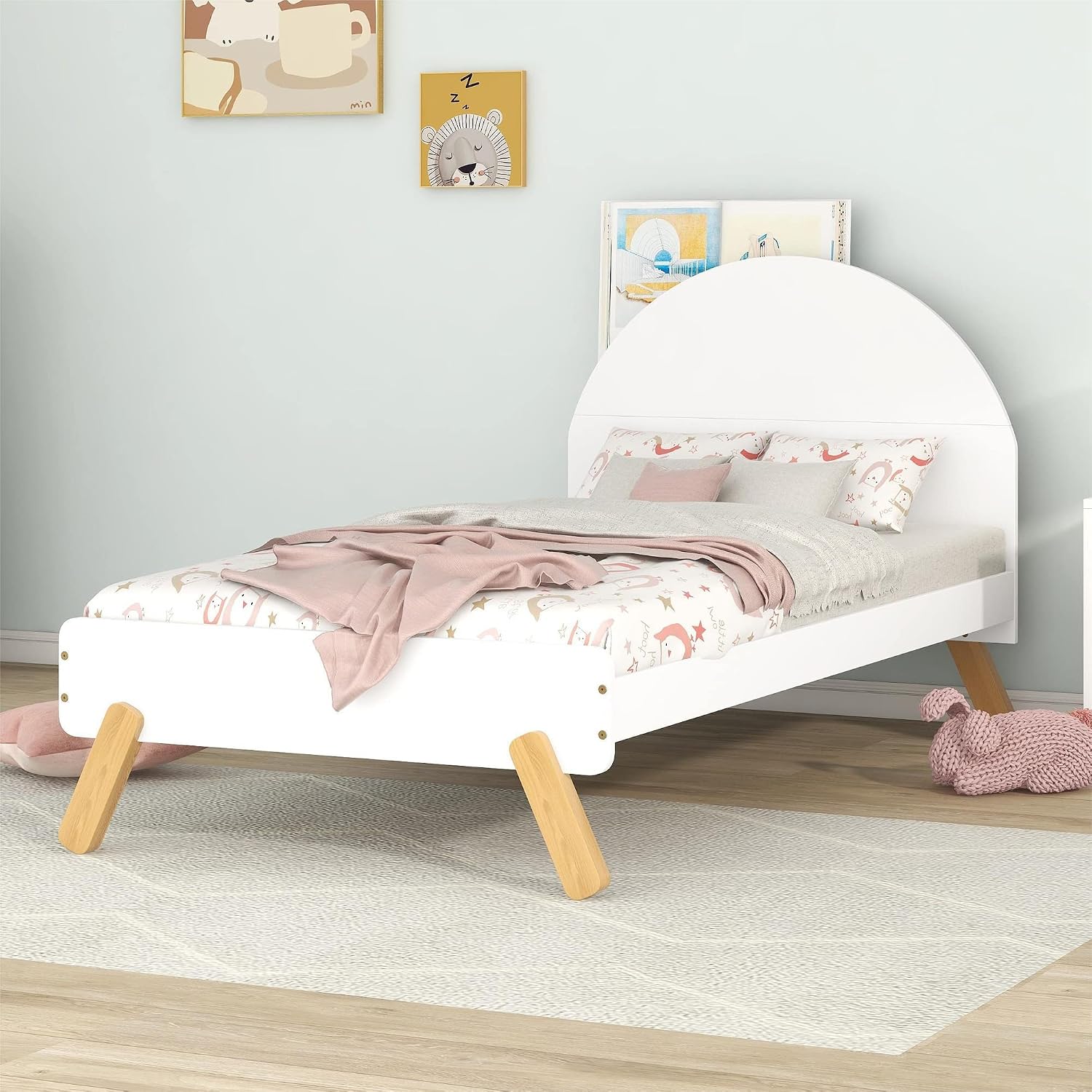Generic 3 s Bedroom Sets Twin Size Platform Bed with Nightstand and Wardrobe,White+Pink