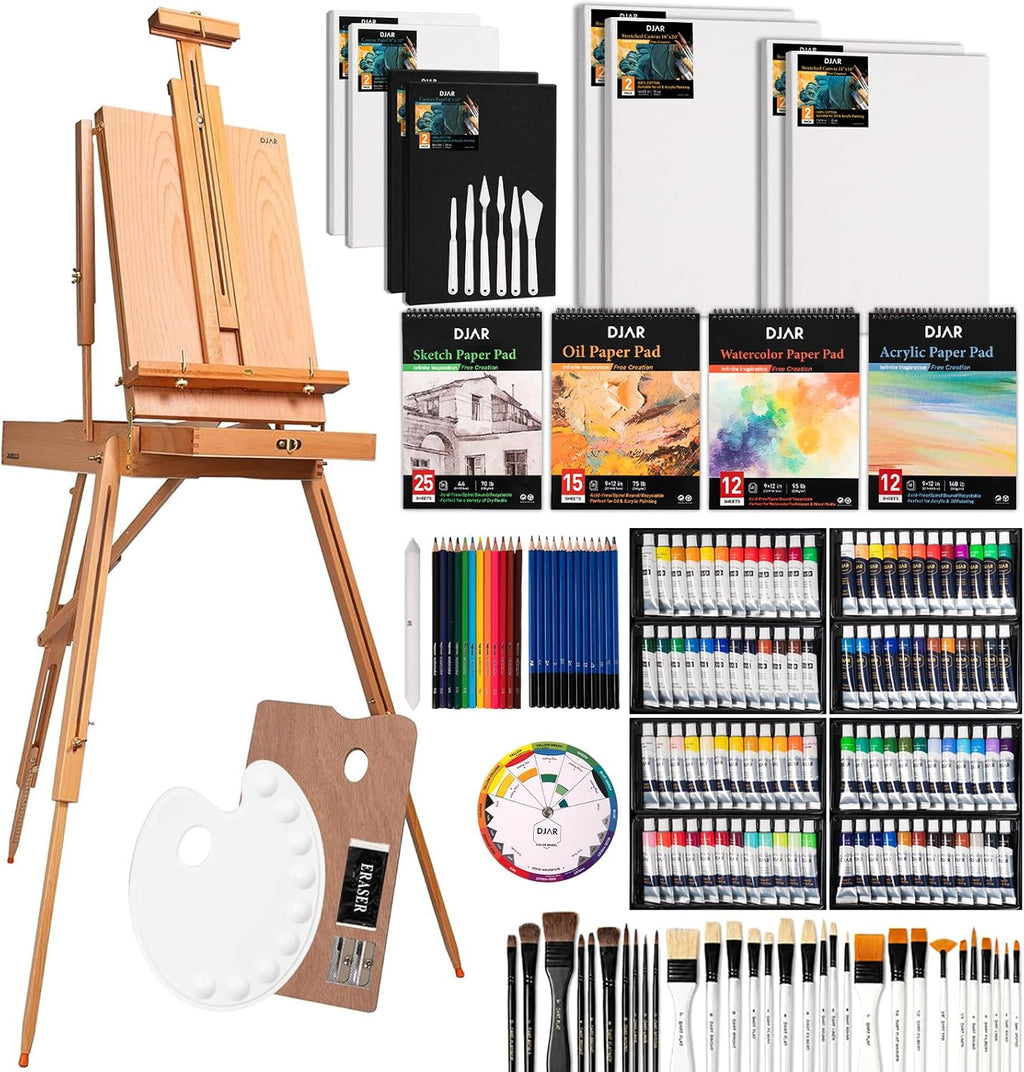 DJAR 169Pcs Art Painting Kit with French Easel, 96 Acrylic, Watercolor & Oil Paint Set, Professional All-in-One Complete Art Supplies Painting Set for Adults, Artists, Beginners