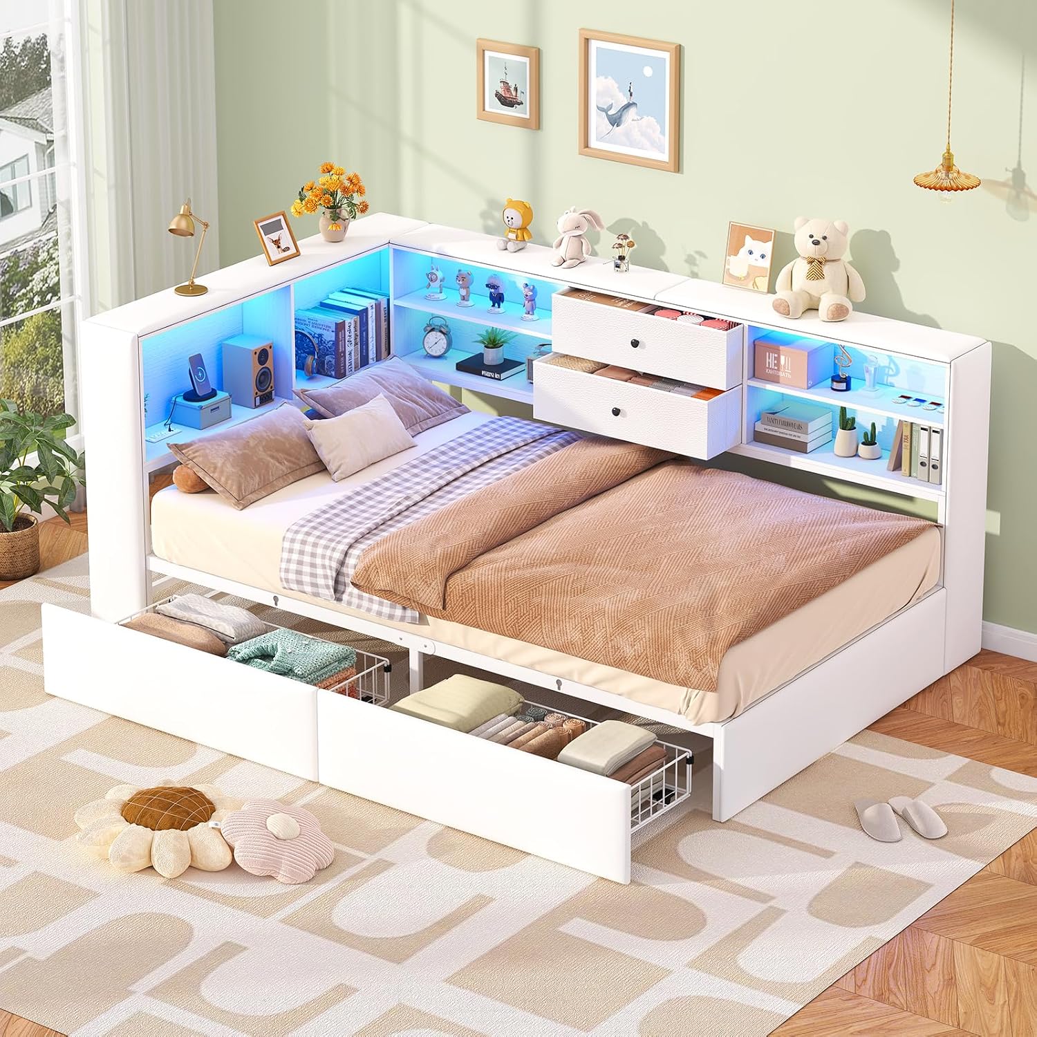 Twin Corner Bed Frame with Storage Bookcase and 4 Drawers, Upholstered Daybed Twin Size with Charging Station & LED Lights, White L-Shape Twin Size Bed Frames Metal Platform Bed for Kids Teenagers