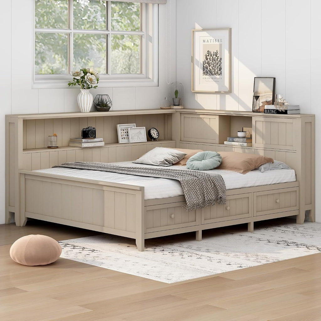 Full Size Lounge Daybed with Storage Shelves and 3 Drawers, Wooden Sofa Bed Frame with Slat Support for Apartment, Bedroom, Guest Room, No Box Spring Required