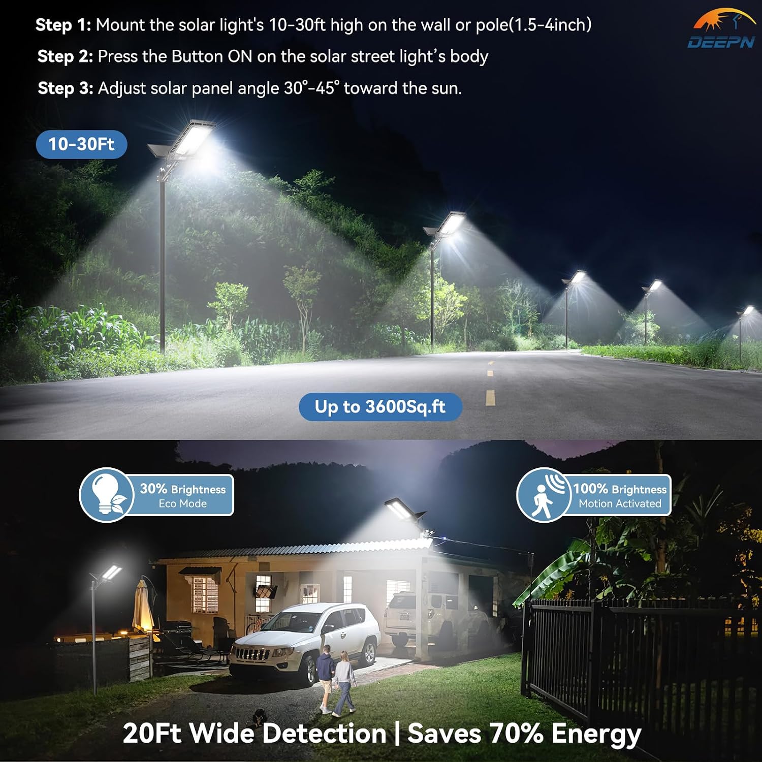 Deepn Solar Lights Outdoor, 8000w SolarStreet Lights Outdoor Waterproof Dusk toDawn LED Security Flood Light with MotionSensor and Remote Control for Pathway,Entryway & Yard, 2 Pack