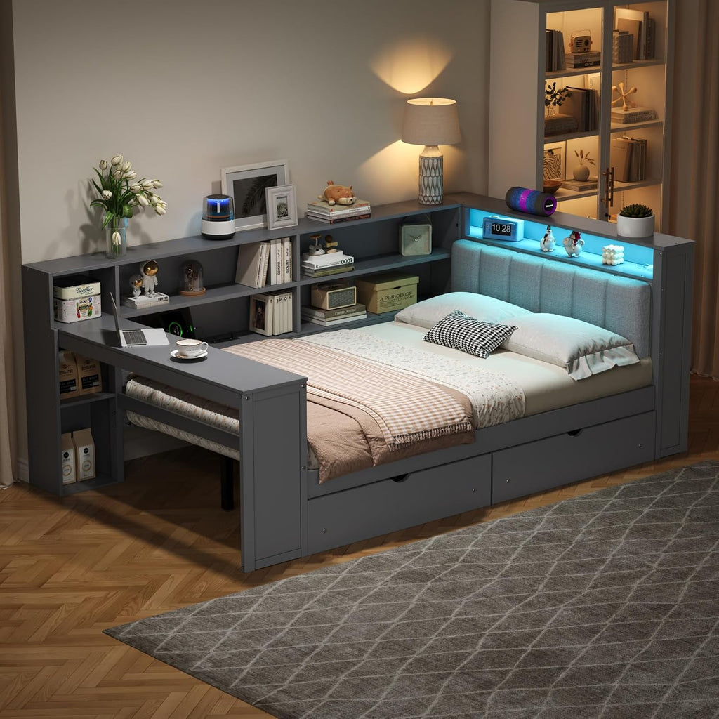 Full Size Platform Bed with Storage Shelves and Drawers, Solid Wood Daybed with Charging Station, LED, Desk and Upholstered Headboard for Living Room Bedroom (Grey-JU5)