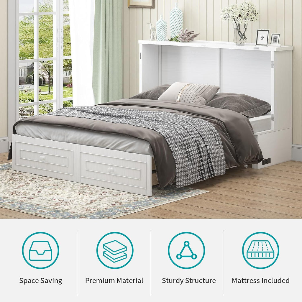 BALUS Queen Size Cabinet Murphy Bed, Modern Murphy Beds for Bedroom, Adults Chest Cabinet Wall Bed with Built-in USB Charging Station, Storage Drawer for Living Room, No Mattress(White)