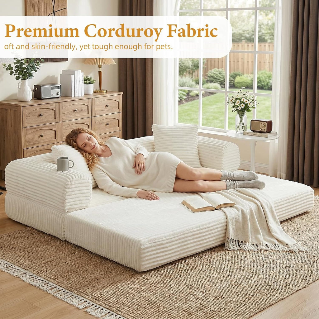 Convertible Folding Sofa Bed,Fold Out Floor Sofa Couch with Fixed-Shape Frame,Corduroy Foldable Mattress Cloud Couch for Living Room Bedroom (Off White, 78 Inch)