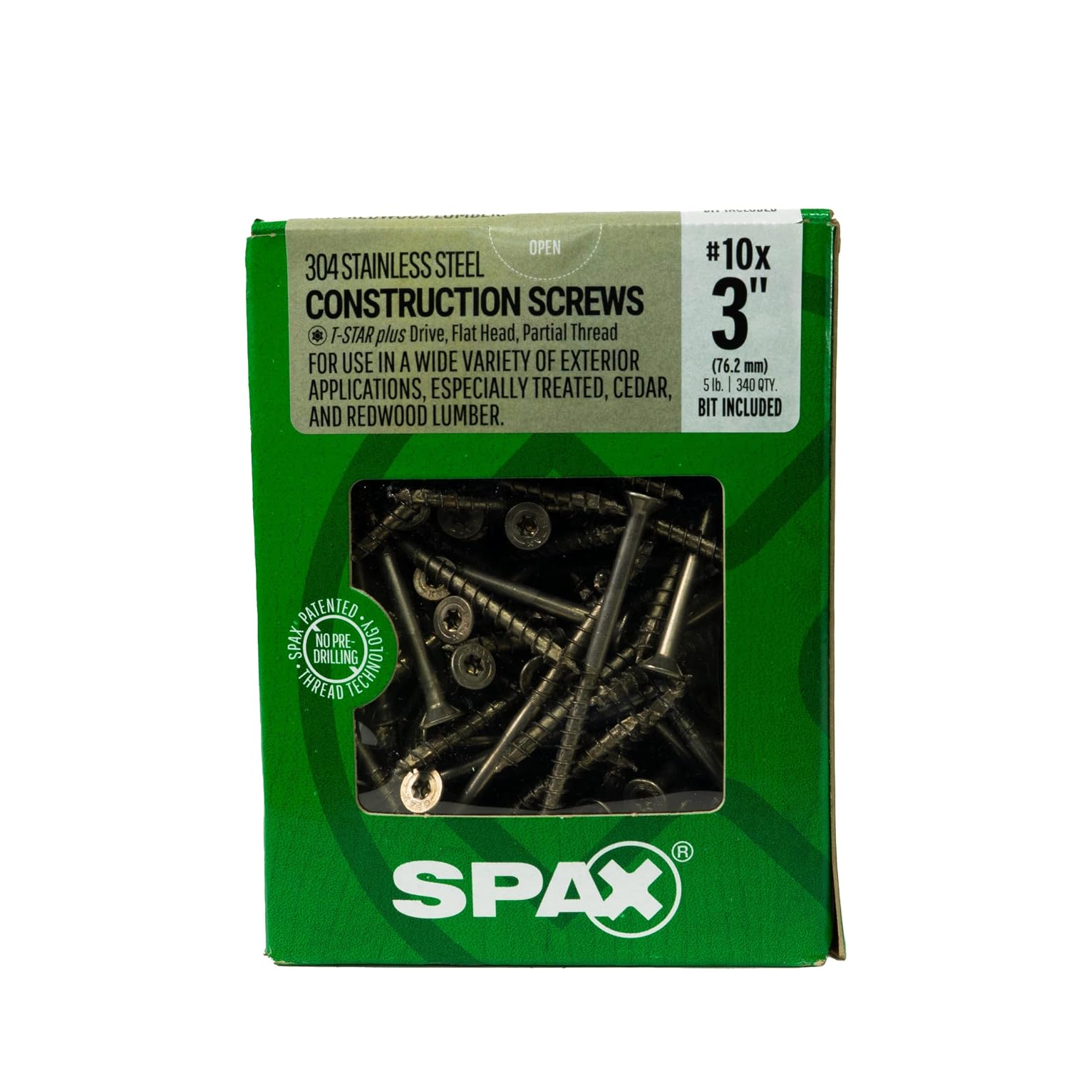 #10 x 3 Exterior Flat Head Construction Wood Screws (340 pcs) T20+ T-Star Plus Stainless Steel