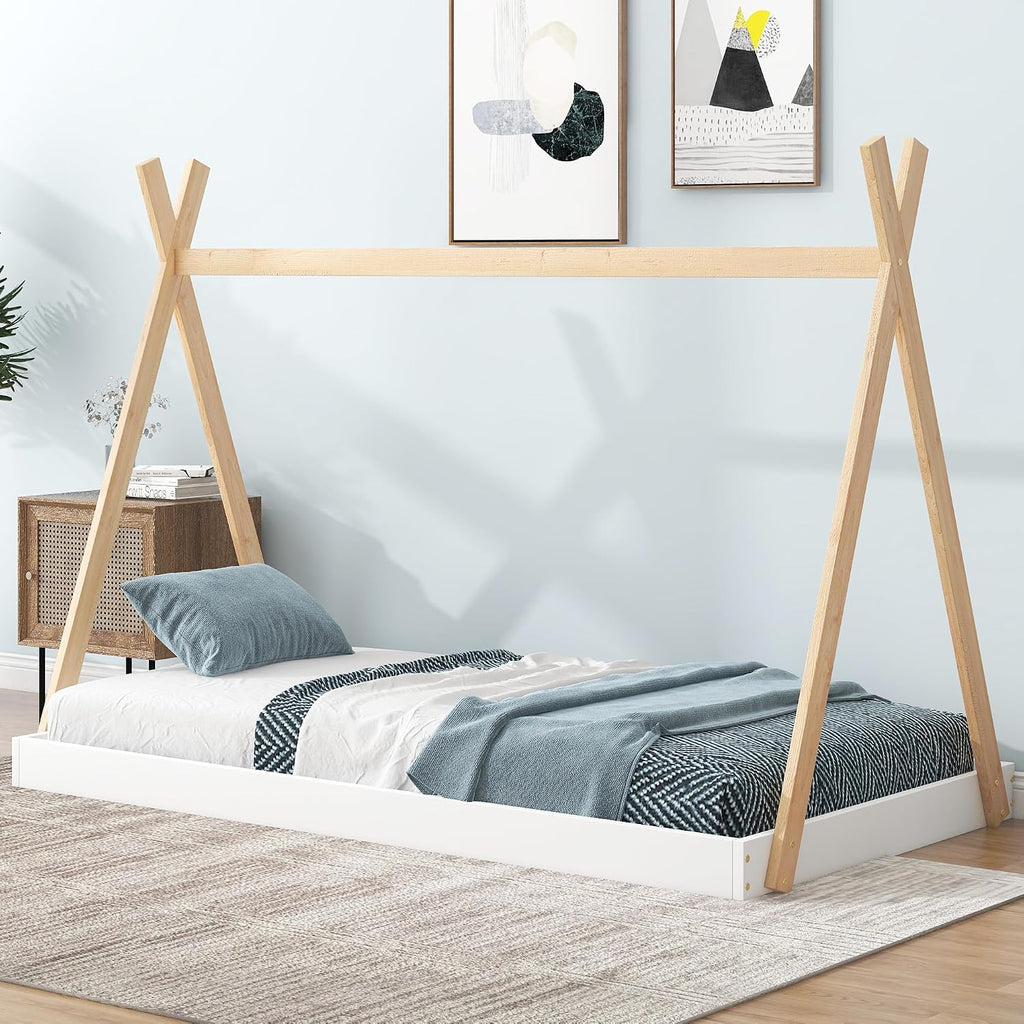 Twin Size Tent Floor Bed with Triangle Structure, Wood Floor Bed Frame, Twin Size Montessori Bed Playhouse House Platform Bed with X-Shaped Safety Railings for Kids Boys Girls (White+Natural & Twin)