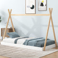 Twin Size Tent Floor Bed with Triangle Structure, Wood Floor Bed Frame, Twin Size Montessori Bed Playhouse House Platform Bed with X-Shaped Safety Railings for Kids Boys Girls (White+Natural & Twin)
