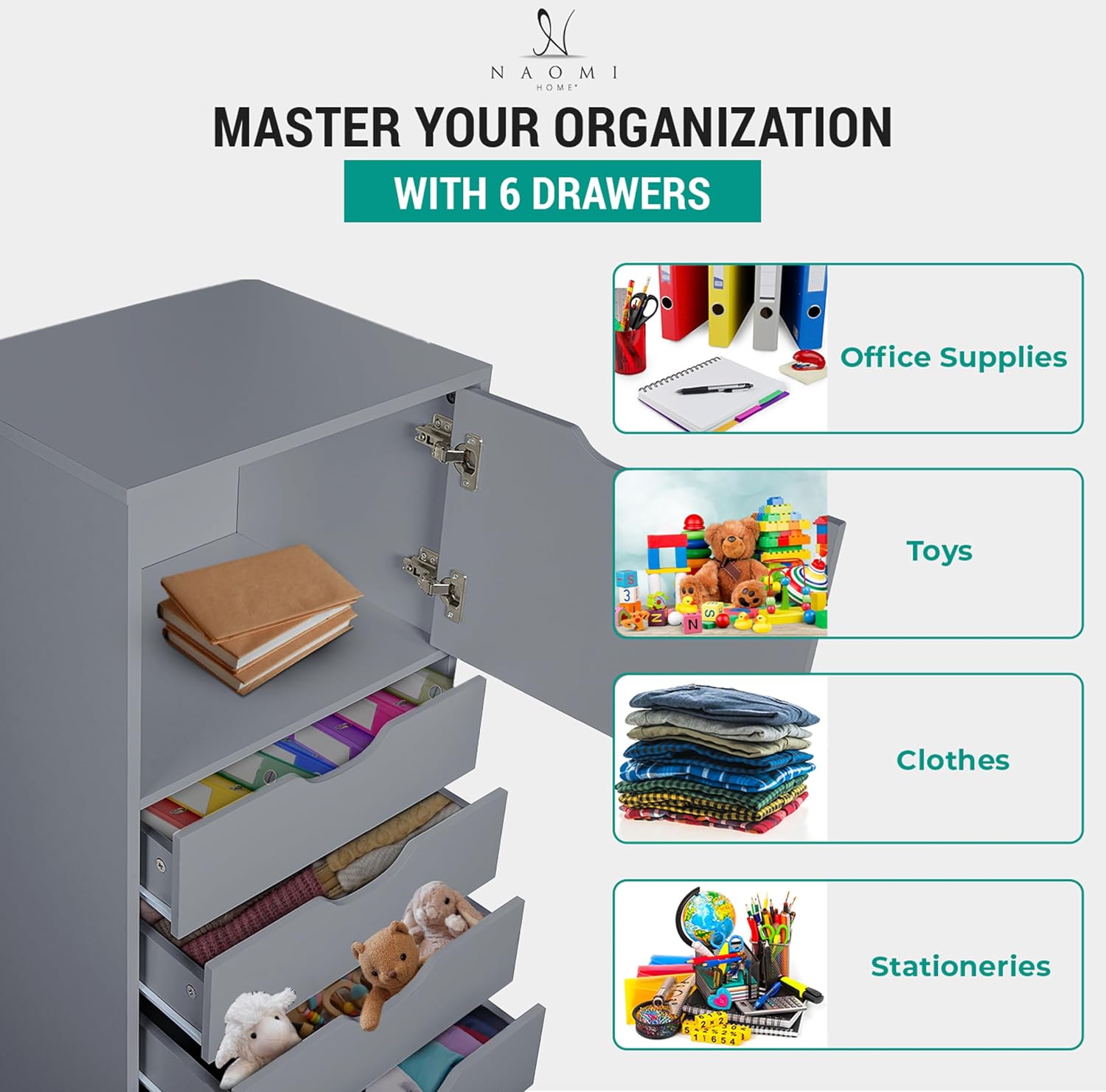 Naomi Home 5 Drawer + 1 Cabinet Storage Organizer, Modern Mobile Cabinet for Home & Everyday Storage