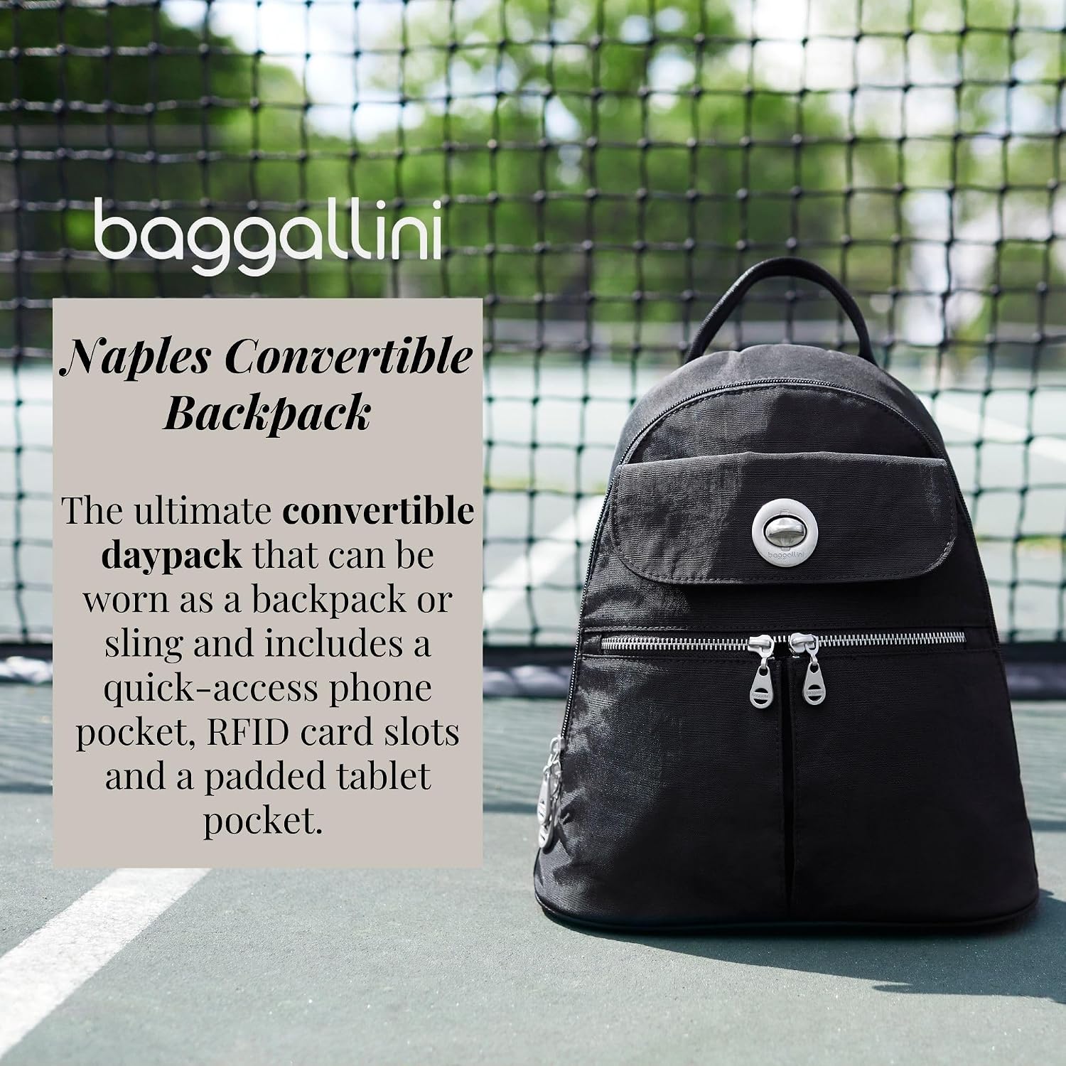 Baggallini Naples Convertible Backpack - Travel Sling Crossbody - 12' Nylon Handbag w/ RFID & Padded Tablet Sleeve