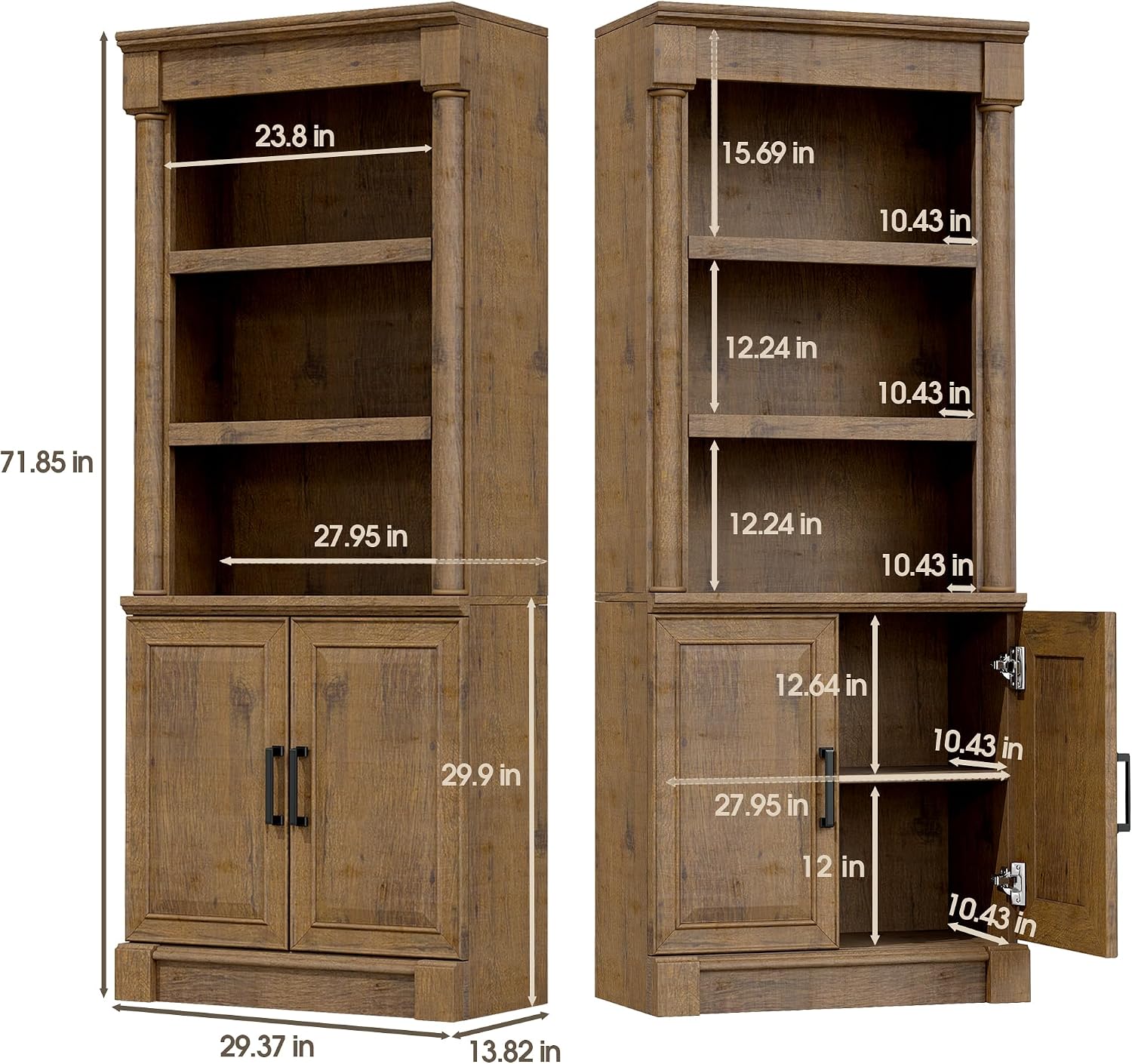 72' Roman Column Bookcase with Double Door Cabinet, 5 Tiers Tall Bookshelf Shelves Storage Anti Tip Kit, Classic American European Modern Multi Style Design for Living Room Study Office, Vintage Oak