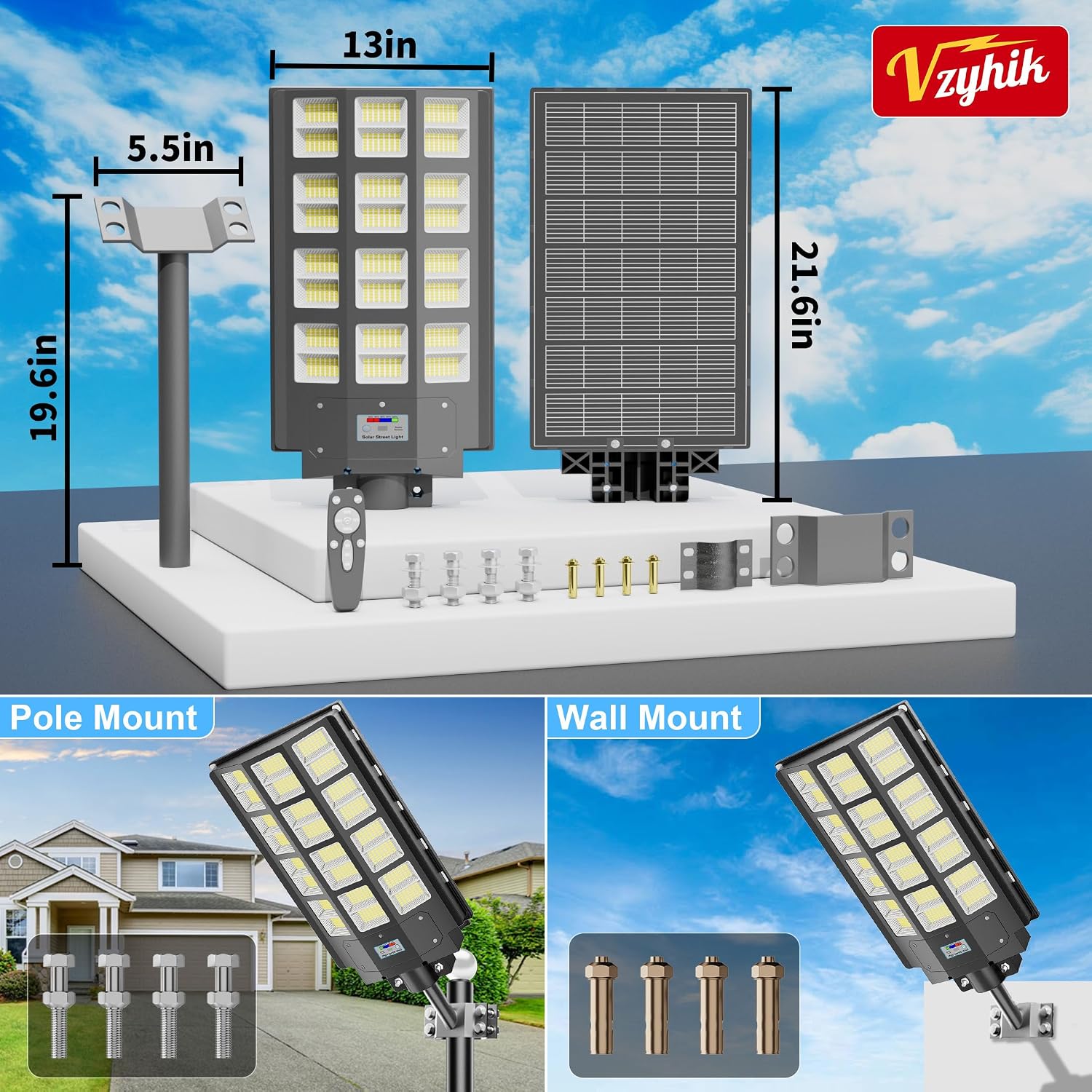 Solar Street Light, 8000W 7000K 480000LM 1152pcs LED Solar Parking Lot Lights Dusk to Dawn, Solar Flood Light Wide Angle Motion Sensor and Remote Control for Area Lighting Yard 2-Pack