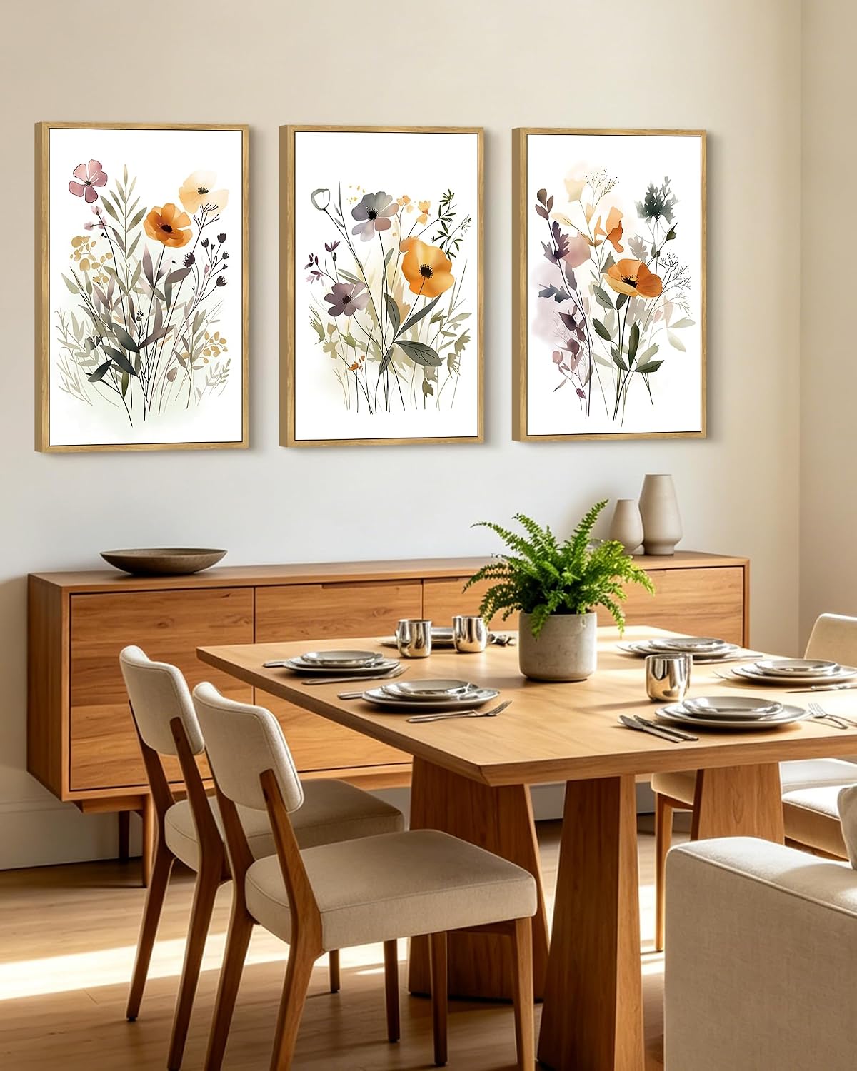 KUVIOKE Wildflower Bouquet Framed Wall Art Modern Flower Botanical Pictures Illustrations Colorful Floral Hanging Bedroom Dining Living Room Decor 24x36in (Natural Framed)