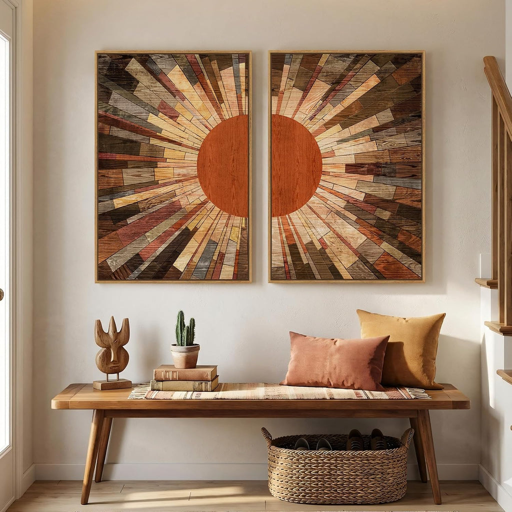 Large Framed Boho Mid Century Modern Wall Art for Living Room, Set of 2 Abstract Sun Earth Tone Canvas Artwork for Walls, Vintage Paintings Prints Pictures Wall Decor for Bedroom Home Office, 24x36 In
