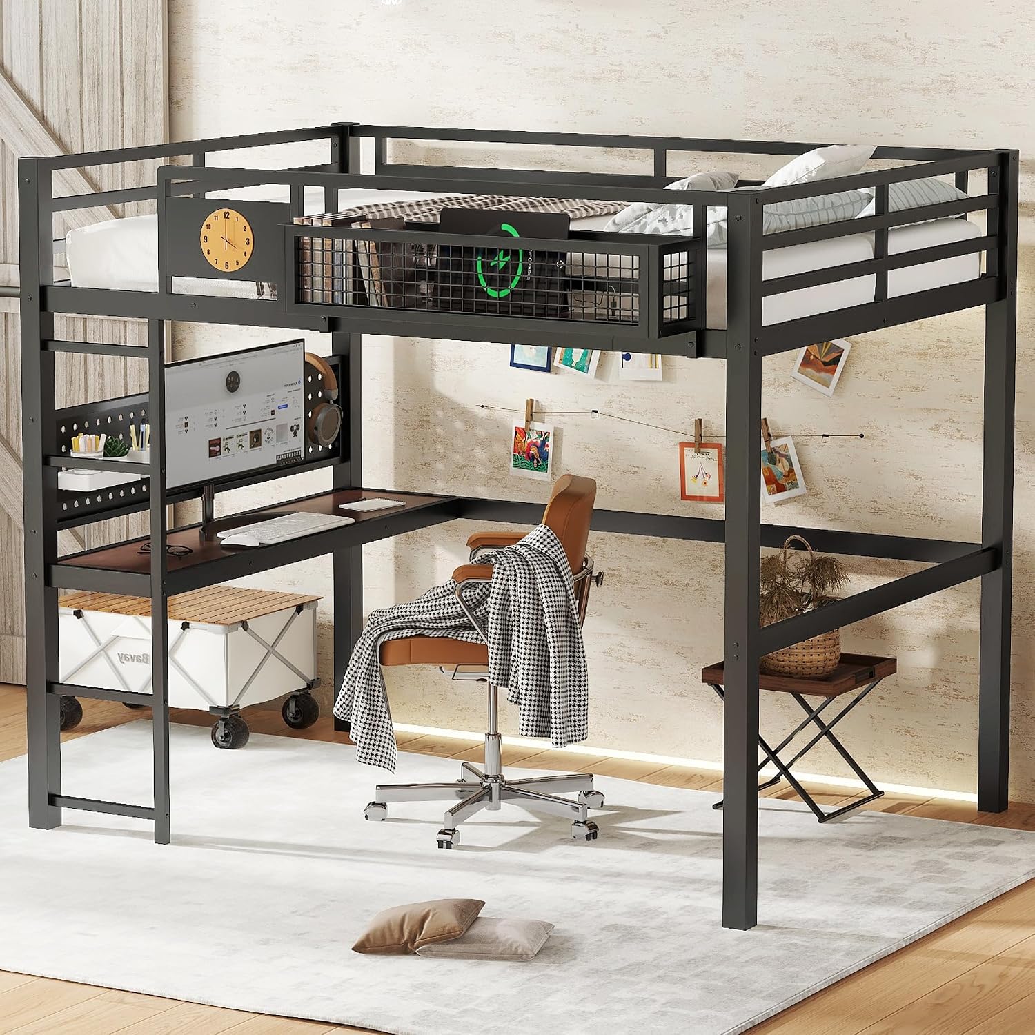 JIVOIT Full Size Metal Loft Bed Frame with Desk, Bedside Storage Basket, Side Clock Design, Pegboard, 68' H Metal Loft Bed with Slats Support, No Spring Box Needed