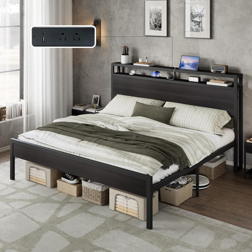 AMERLIFE King Size Bed Frame with Storage Headboard & Charging Station, Industrial Metal Platform Bed with Large Under-Bed Storage, Heavy Duty Slats, No Box Spring Needed, Black