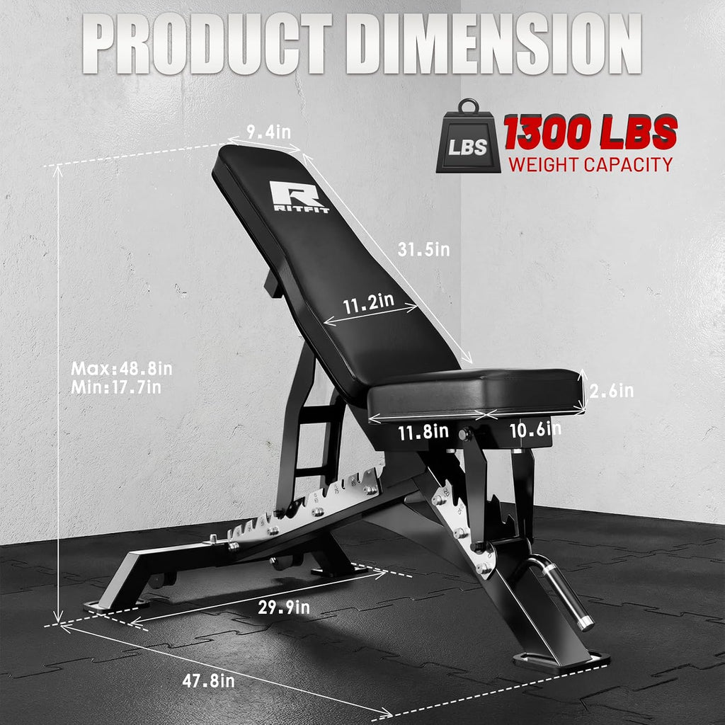 RITFIT 300/350/650LBS Rubber Coated Hex Dumbbell Set with Rack and Multi-Position Weight Bench, 1300LB Capacity for Full Body Workout