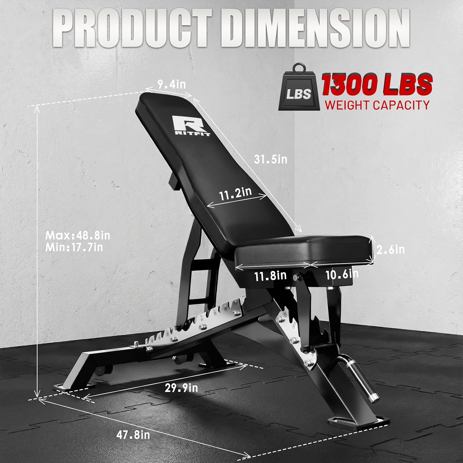 RITFIT 300/350/650LBS Rubber Coated Hex Dumbbell Set with Rack and Multi-Position Weight Bench, 1300LB Capacity for Full Body Workout