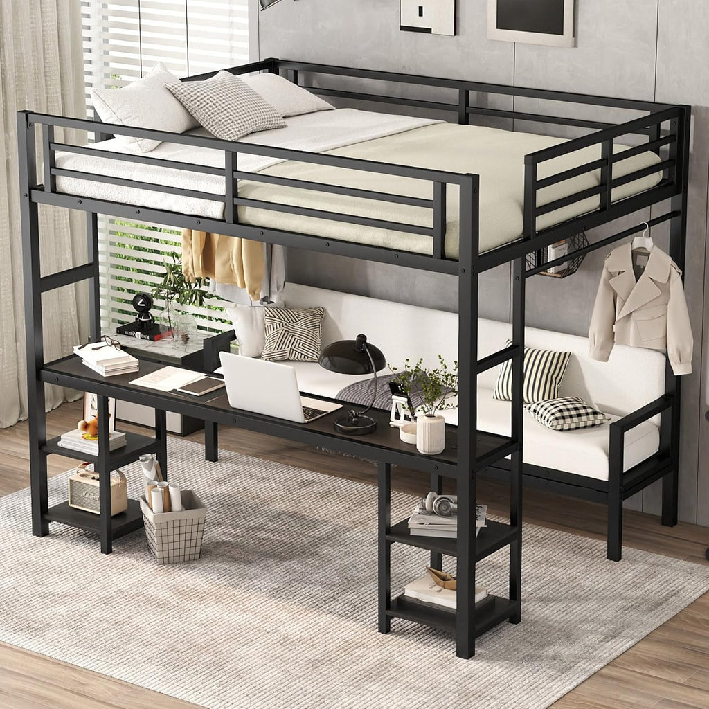 JIVOIT Queen Over Twin XL Metal Bunk Bed/Loft Bed, Multi-Functional Folding Design with Desk and Shelves, Multiple Uses Folds into Sofa, No Box Spring Needed
