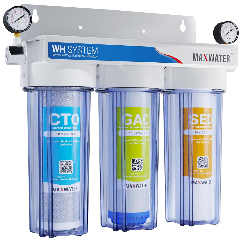 Max Water 3 Stage (Good for City Water) 10 inch Standard Water Filtration System for Whole House - Sediment + GAC + CTO Post Carbon - ¾ Inlet/Outlet