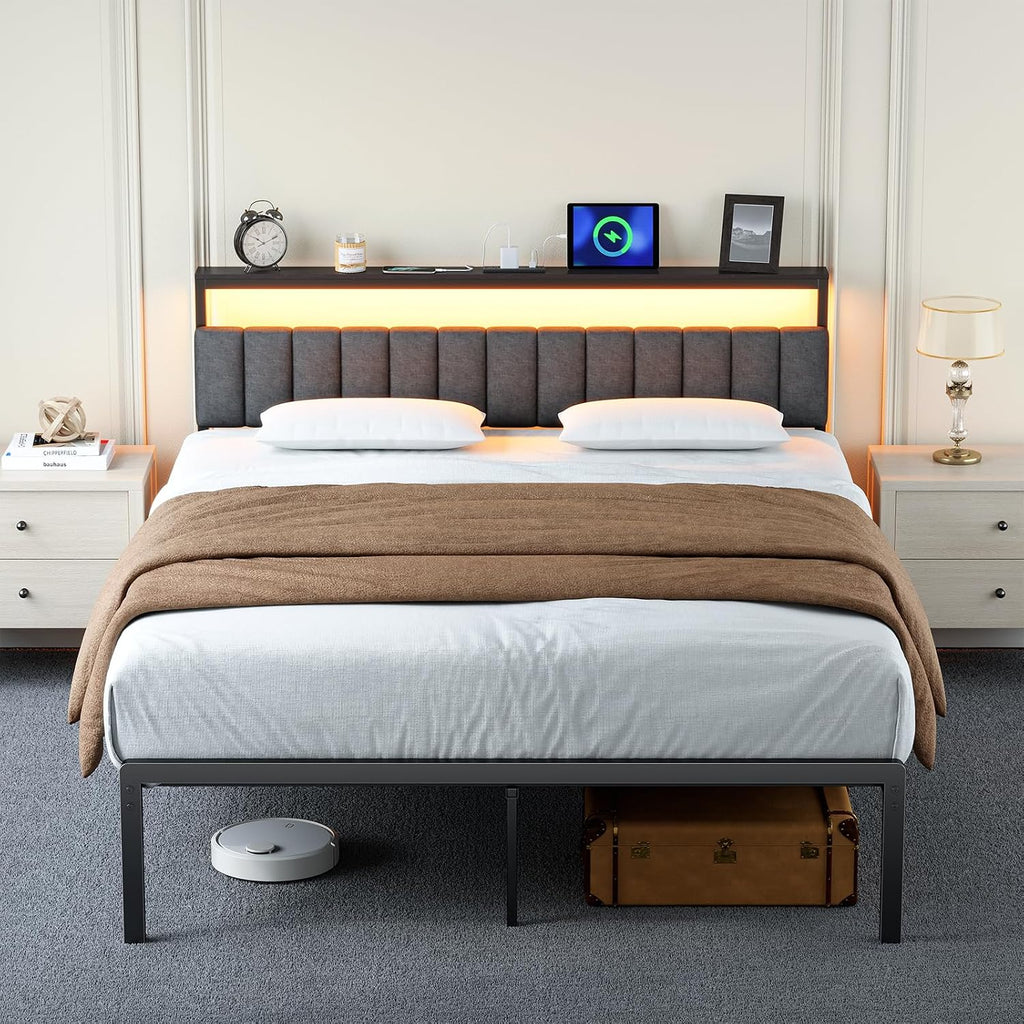 Queen Bed Frame no Box Spring Needed, Bed Queen Size with Headboard & Led Lights & Charging Station, Queen Metal Bed Frame, Queen Bed Frames Noise-Free/Assembly Easily, Black Bed Frame Queen